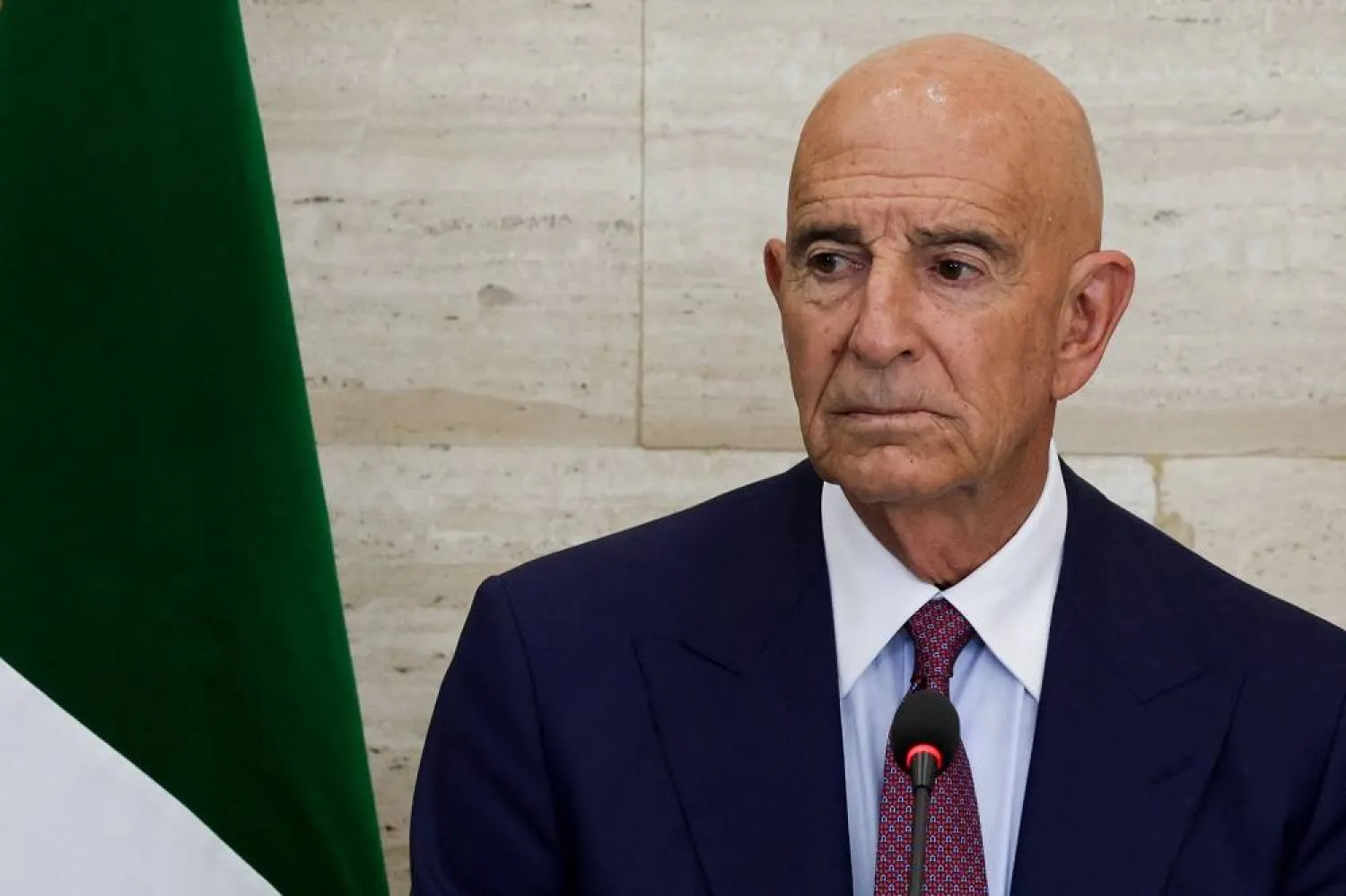 US Special Envoy for Syria Tom Barrack attends a press conference with Syrian Foreign Minister Asaad Hassan al-Shaibani and Jordanian Foreign Minister Ayman Safadi, in Damascus, Syria September 16, 2025. (Reuters)