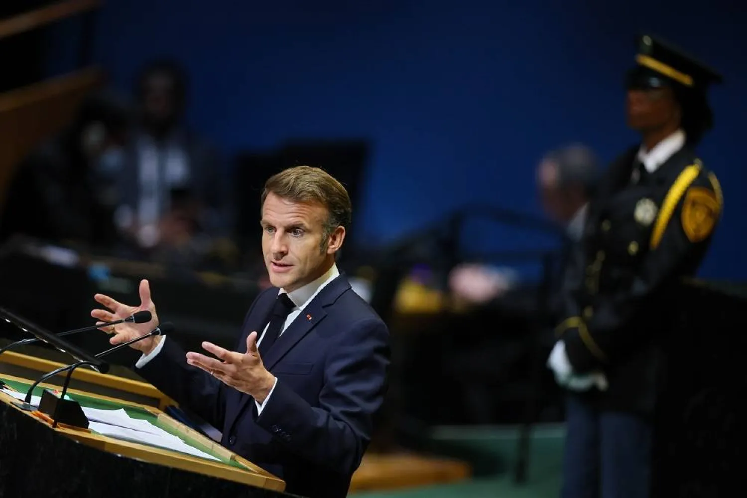 French President Emmanuel Macron speaks during the General Debate of the 80th session of the United Nations General Assembly (UNGA) at the United Nations headquarters in New York, New York, USA, 23 September 2025. (EPA)