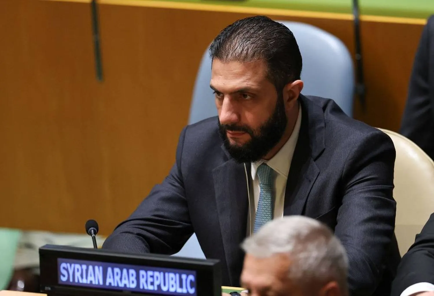 Syrian interim President Ahmed al-Sharaa listens during the General Debate of the United Nations General Assembly at the UN headquarters in New York City on September 23, 2025. (AFP)