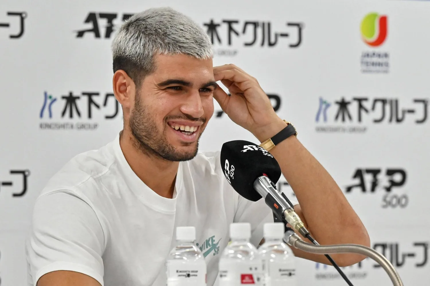 Spain's Carlos Alcaraz speaks to the media during a press conference on the sidelines of the men's ATP Japan Open tennis tournament in Tokyo on September 24, 2025. (AFP)