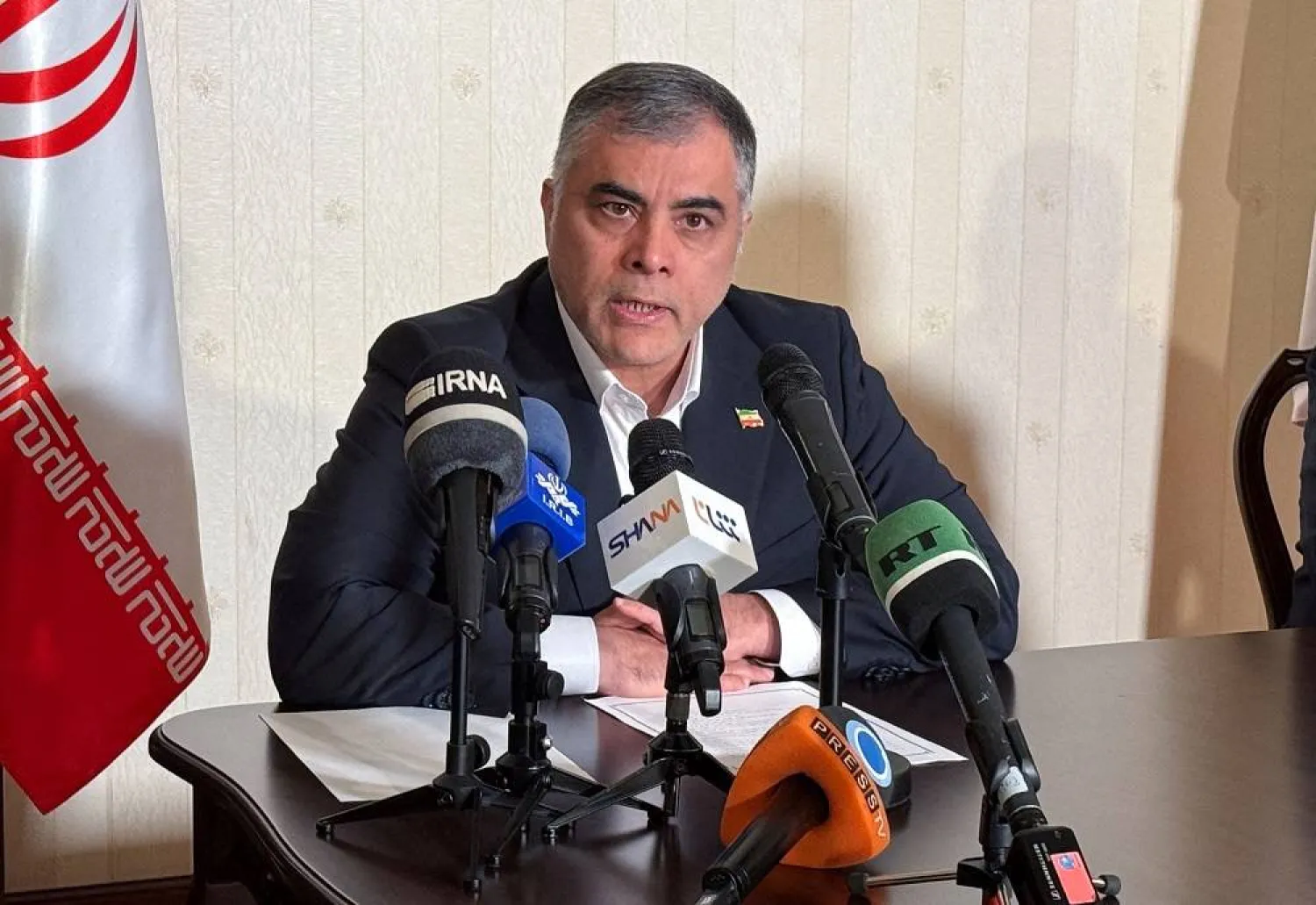 Iranian Oil Minister Mohsen Paknejad makes a statement following a signing ceremony attended by Russian Energy Minister Sergei Tsivilev in Moscow, Russia, April 25, 2025. (Reuters)