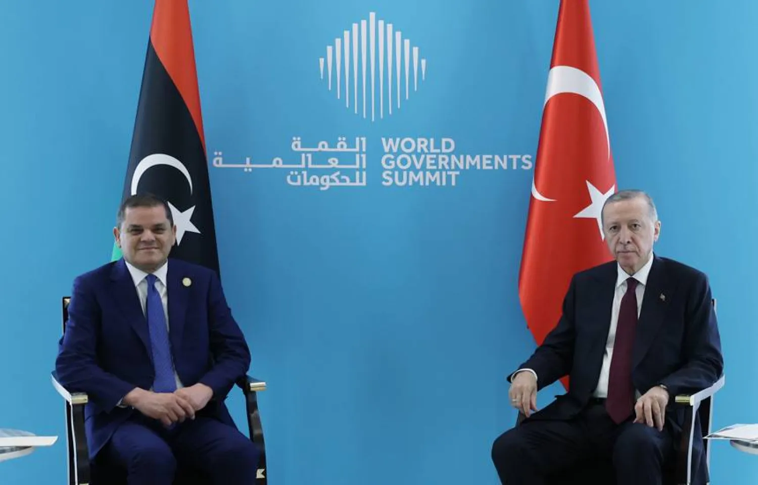 من لقاء جمع الرئيسين التركي والليبي في الإمارات العربية المتحدة في فبراير 2024 (د.ب.أ)