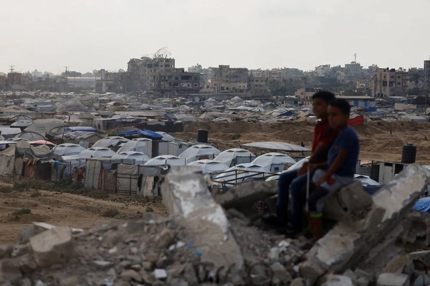  A view of a tent camp where Palestinians displaced by the Israeli military offensive, take shelter, in Nuseirat, central Gaza Strip, September 24, 2025. (Reuters)