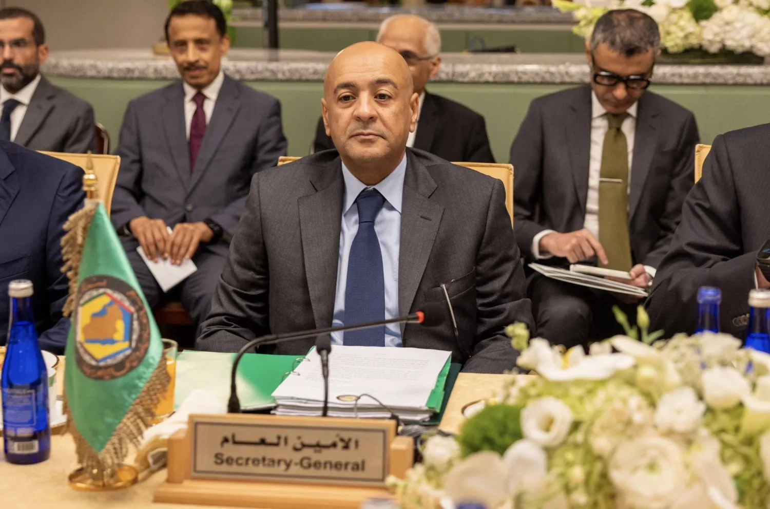 جاسم البديوي أمين عام المجلس التعاون خلال الاجتماع الوزاري في نيويورك الأربعاء (التعاون الخليجي)