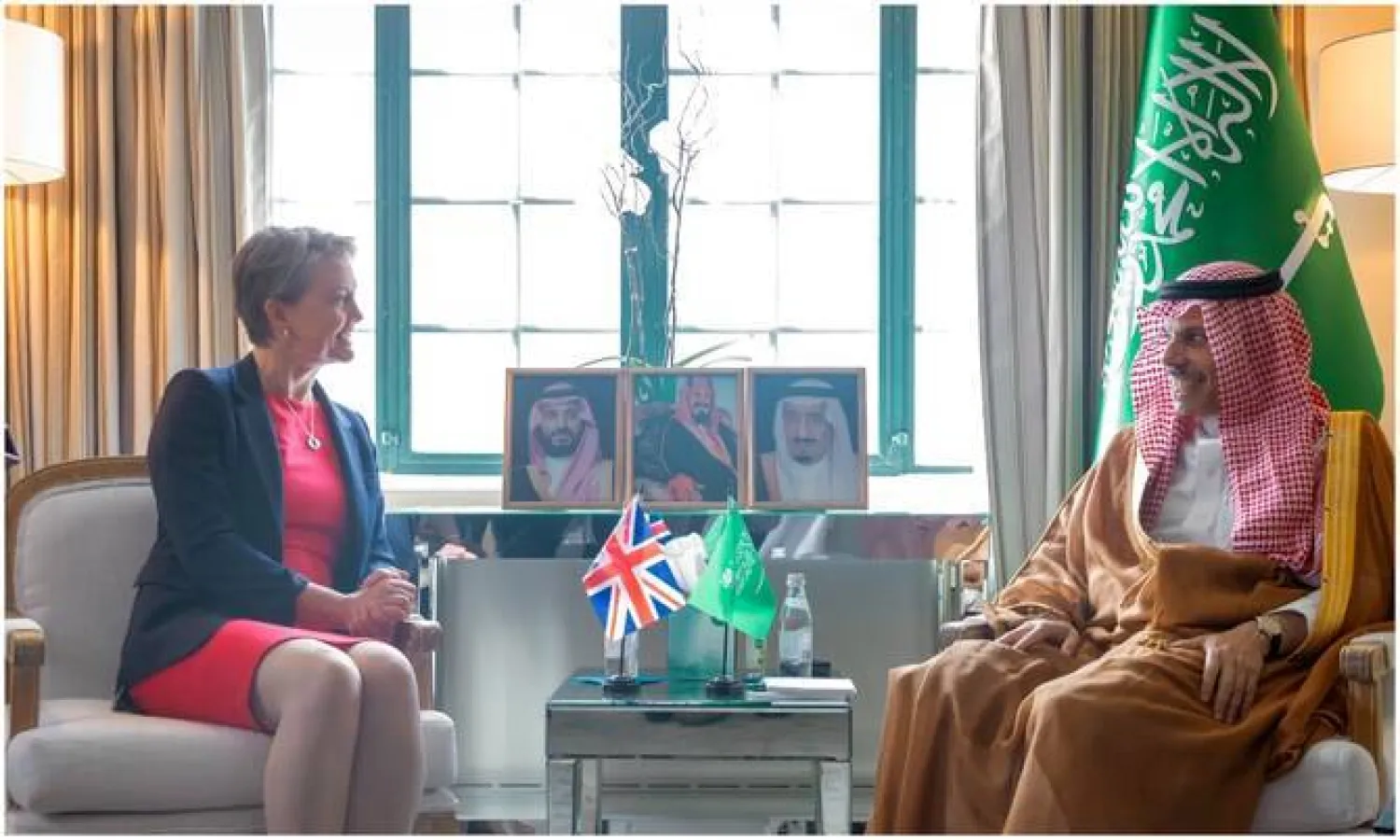 Saudi Foreign Minister Prince Faisal bin Farhan and UK Foreign Secretary Yvette Cooper. (SPA)
