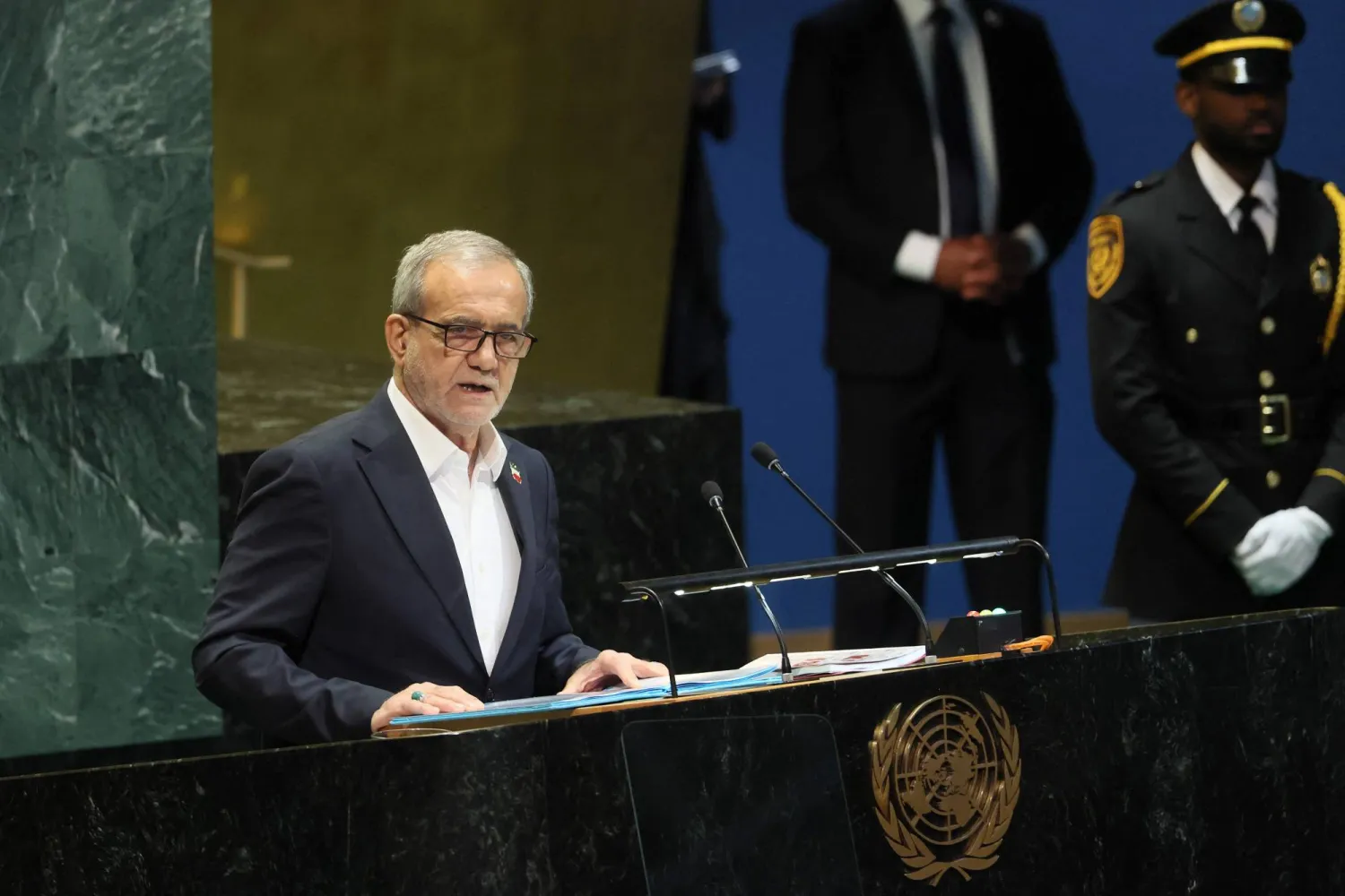 NEW YORK - SEPTEMBER 24: President of Iran Masoud Pezeshkian speaks during the United Nations General Assembly (UNGA) at the United Nations headquarters on September 24, 2025 in New York City. Michael M. Santiago/Getty Images/AFP (Photo by Michael M. Santiago / GETTY IMAGES NORTH AMERICA / Getty Images via AFP)
