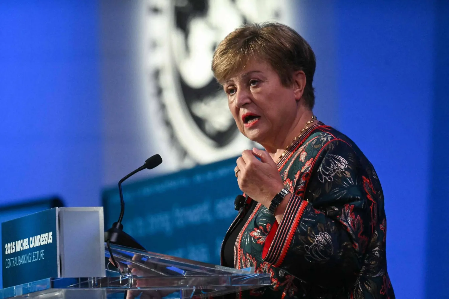غورغييفا تلقي كلمة في «محاضرة ميشيل كامديسو السنوية للبنوك المركزية» لعام 2025 بمقر صندوق النقد الدولي (أ.ف.ب)
