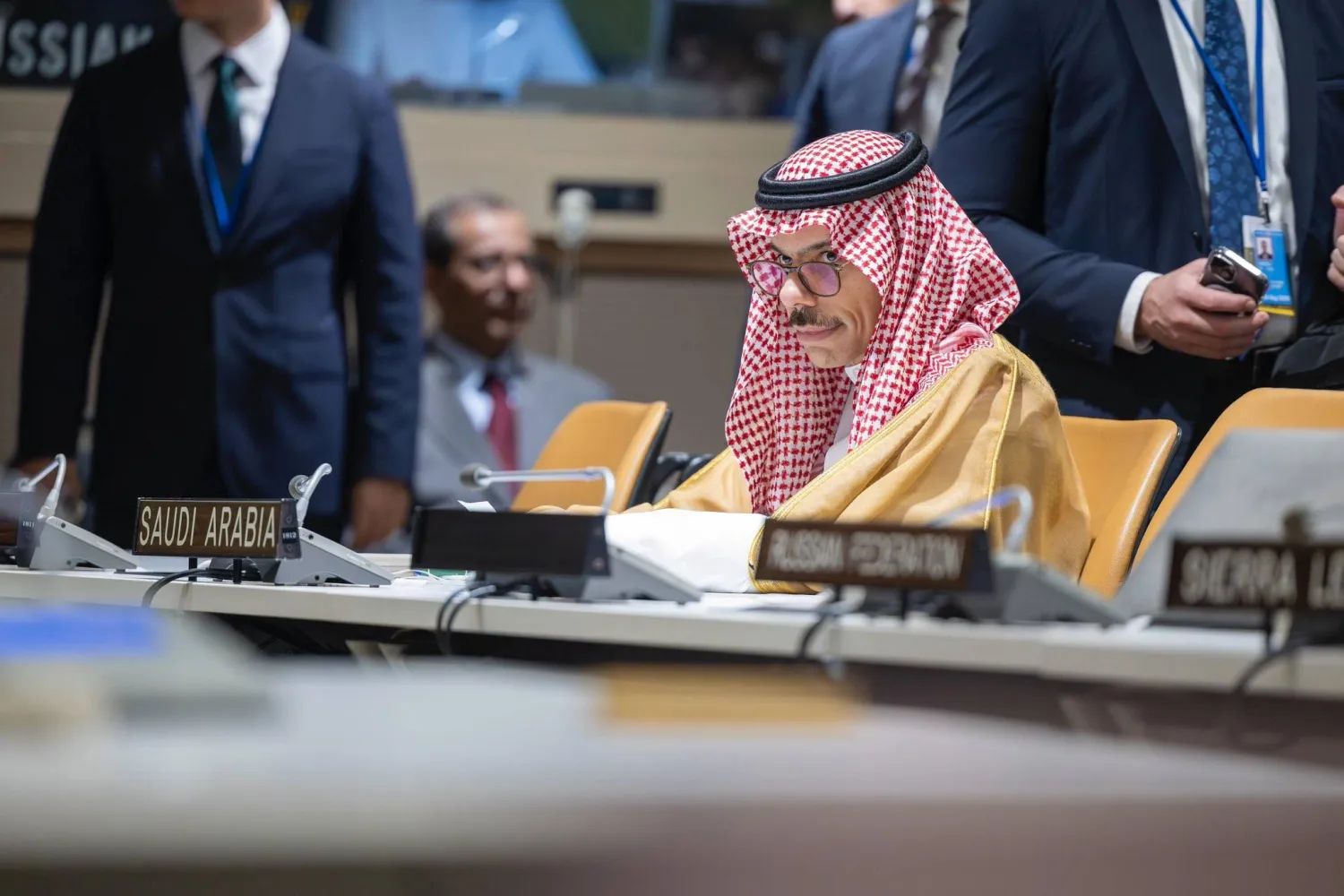 الأمير فيصل بن فرحان خلال مشاركته في اجتماع «الترويكا العربية» مع مجلس الأمن الدولي (الخارجية السعودية)