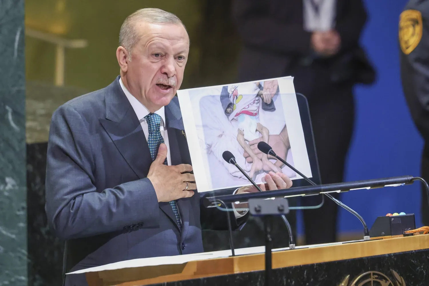  President of the Republic of Turkiye Recep Tayyip Erdogan holds a photo showing a malnourished child in the Gaza Strip, as he speaks during the General Debate of the 80th session of the United Nations General Assembly (UNGA) at the United Nations headquarters in New York, New York, USA, 23 September 2025.  EPA/SARAH YENESEL