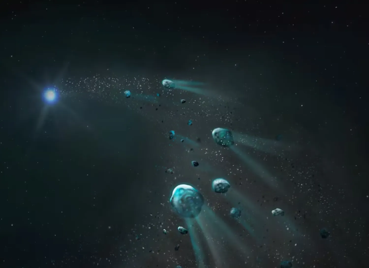 An early stage of an icy body being torn apart by the intense gravity of a white dwarf -a highly compact stellar ember- leaving glowing trails of gas and dust, as its fragments spiral inward, is seen in this handout illustration released on September 24, 2025. Snehalata Sahu/University of Warwick/Handout via REUTERS 