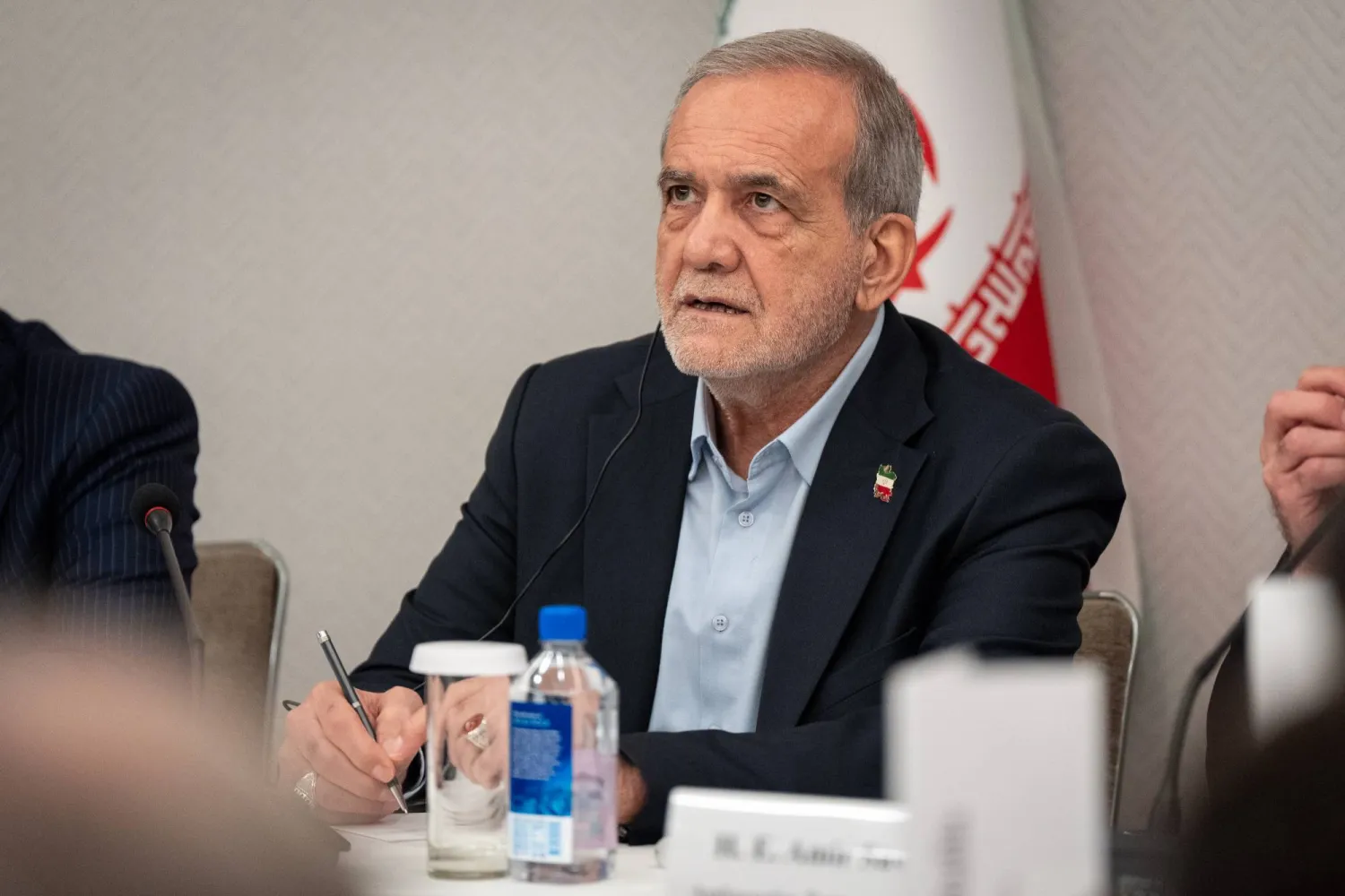 Masoud Pezeshkian, the President of Iran, takes questions from the media at a press briefing in New York, Friday, Sept. 26, 2025. (AP Photo/Angelina Katsanis)