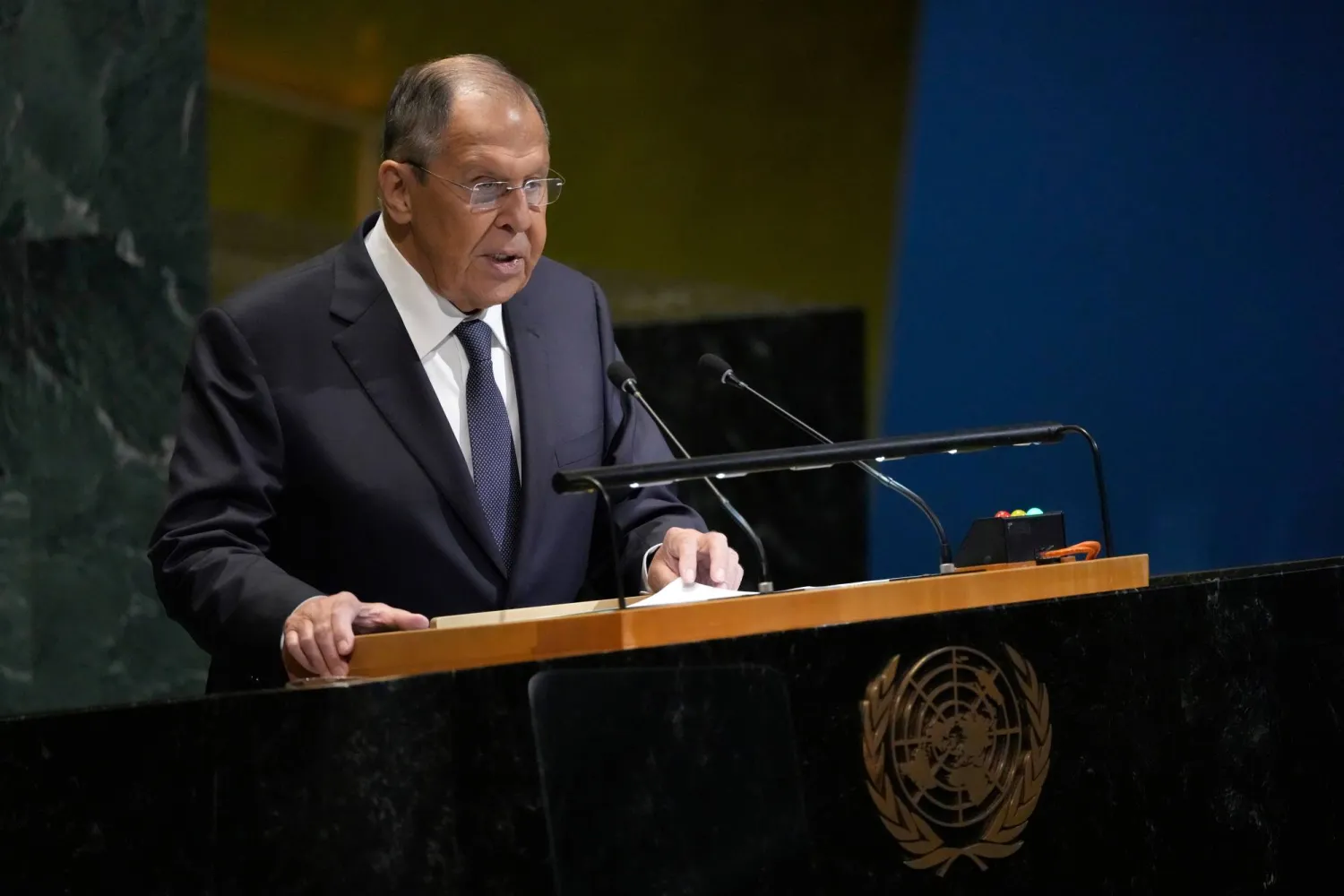 Russia's Minister for Foreign Affairs Sergei Lavrov addresses the 80th session of the United Nations General Assembly, Saturday, Sept. 27, 2025, at UN headquarters. (AP Photo/Pamela Smith)
