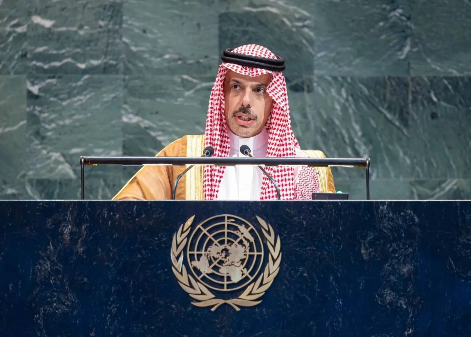 Saudi Foreign Minister Prince Faisal bin Farhan bin Abdullah speaks at the UN General Assembly/ (SPA)
