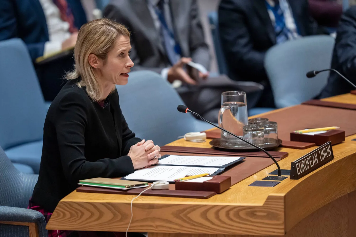 كالاس تتحدث خلال اجتماع لمجلس الأمن في مقر الأمم المتحدة في نيويورك الثلاثاء الماضي (أ.ب)