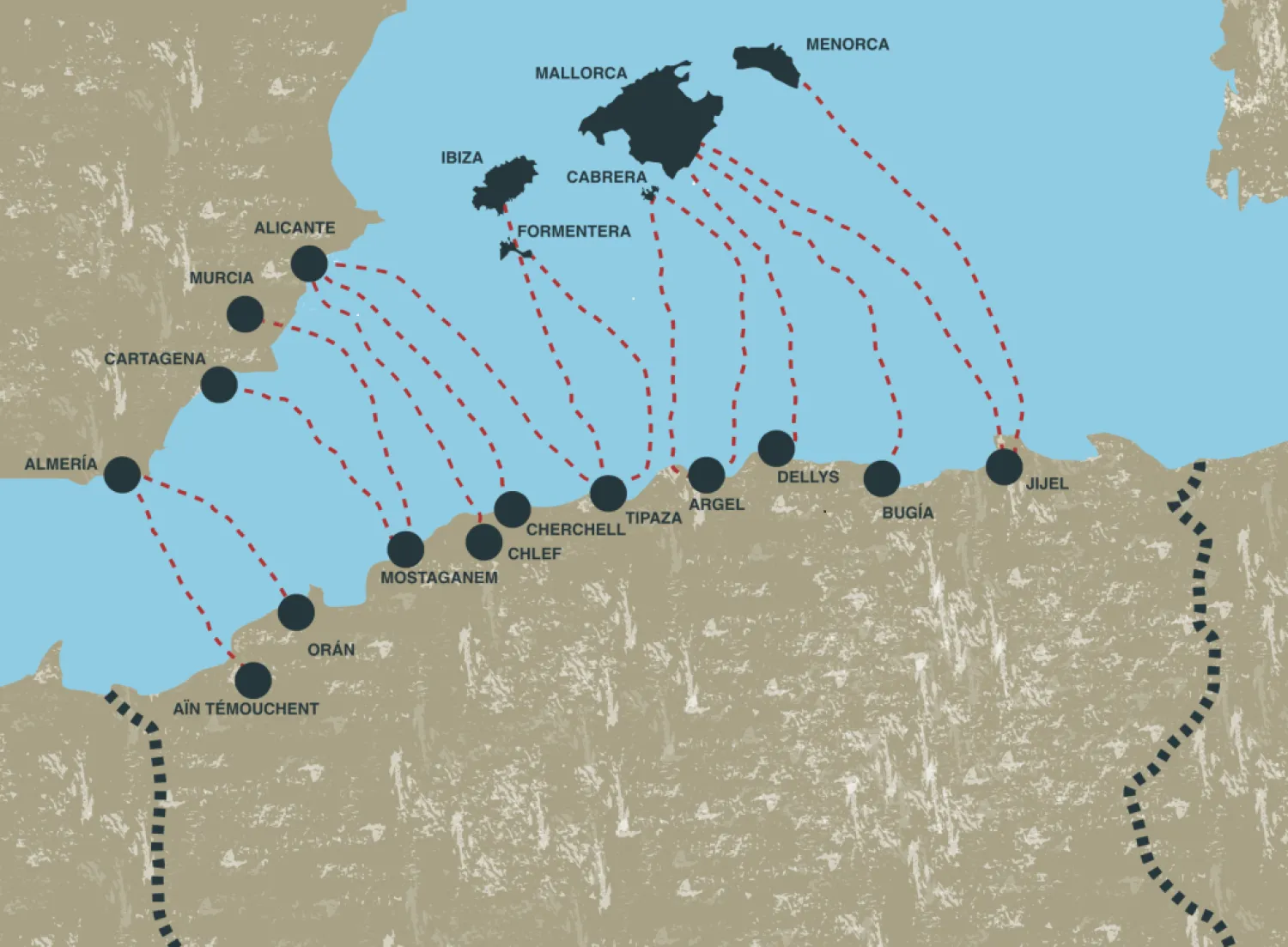خريطة بطرق الهجرة نحو إسبانيا انطلاقاً من السواحل الجزائرية (منظمات إسبانية غير حكومية)