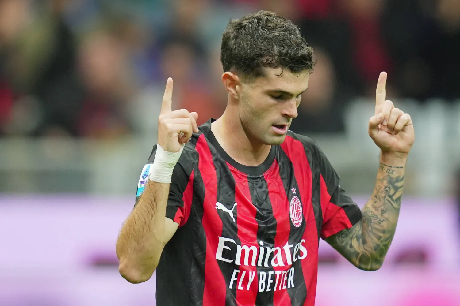 28 September 2025, Italy, Milan: AC Milan's Christian Pulisic celebrates scoring his side's second goal during the Italian Serie A soccer match between AC Milan and SSC Napoli at the San Siro Stadium. Photo: -/LaPresse via ZUMA Press/dpa