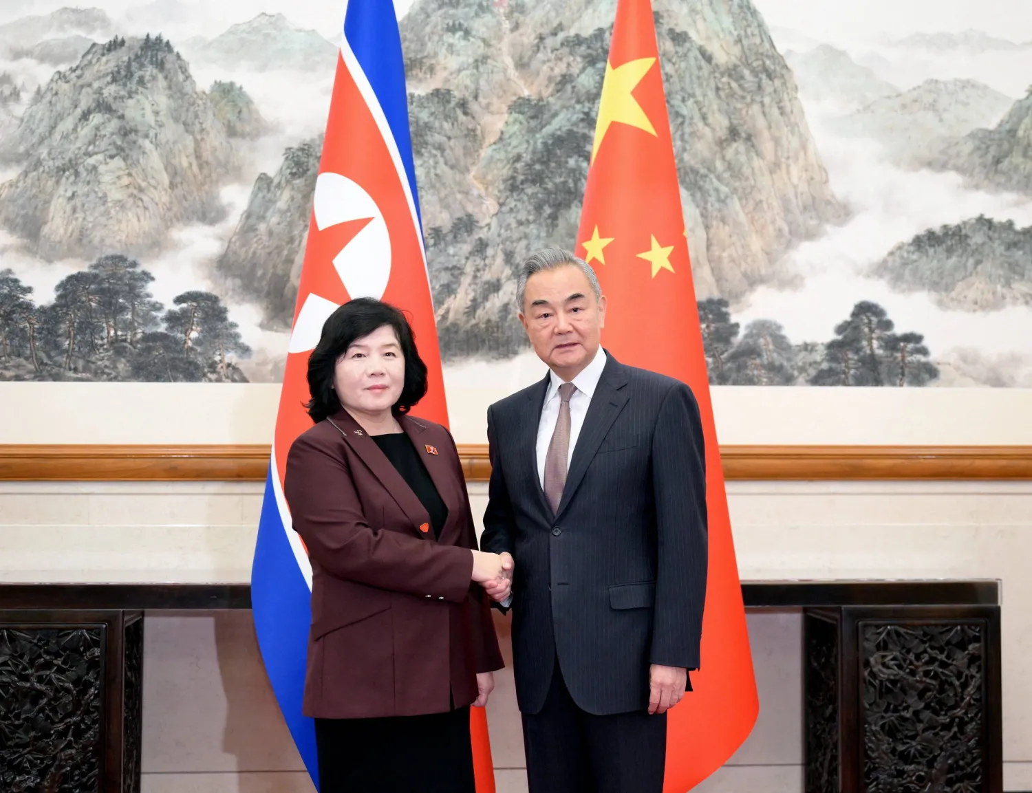 Chinese Foreign Minister Wang Yi meets North Korea's Foreign Minister Choe Son Hui in Beijing, China, in this handout image obtained by Reuters on September 29, 2025. (China's Ministry of Foreign Affairs/Handout via Reuters)