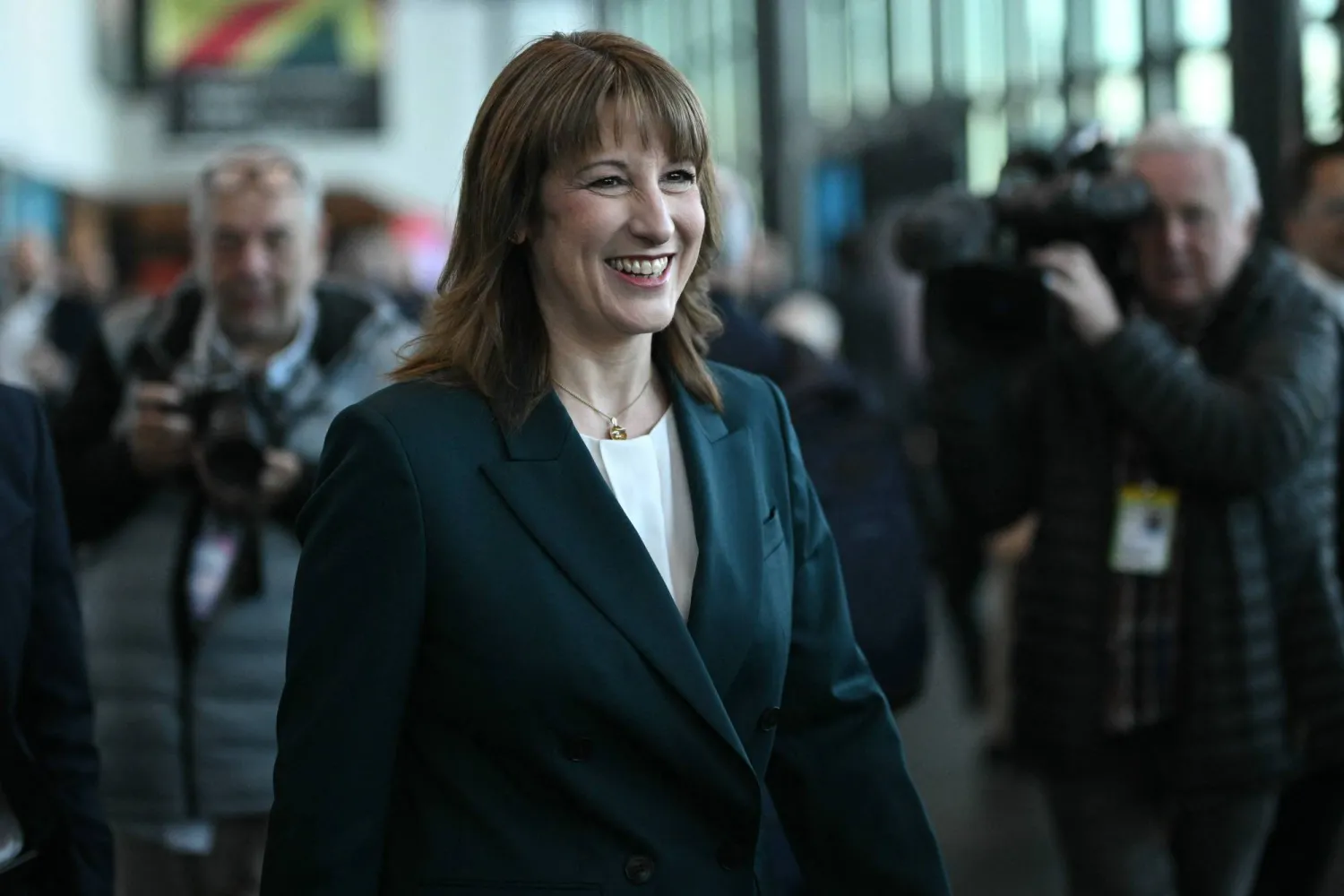 Britain's Chancellor of the Exchequer Rachel Reeves undertakes the morning media round on the second day of the annual Labour Party conference in Liverpool, northwest England, on September 29, 2025. (AFP)