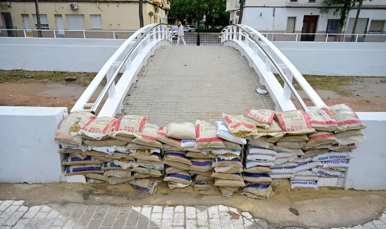 Protective bags of sands are pictured in Aldaia, 10km from Valencia, eastern Spain, on September 29, 2025 after heavy rains prompted fears of a repeat of fatal floods that devastated the Mediterranean region last year. (AFP)