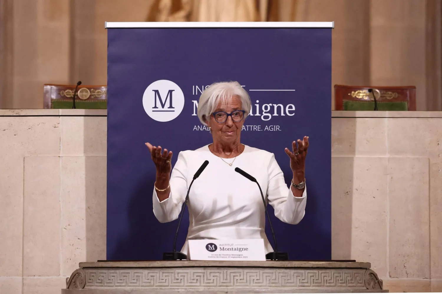 لاغارد تلقي كلمة في احتفال الذكرى الخامسة والعشرين لمعهد «مونتين» في باريس 15 سبتمبر 2025 (أ.ف.ب)