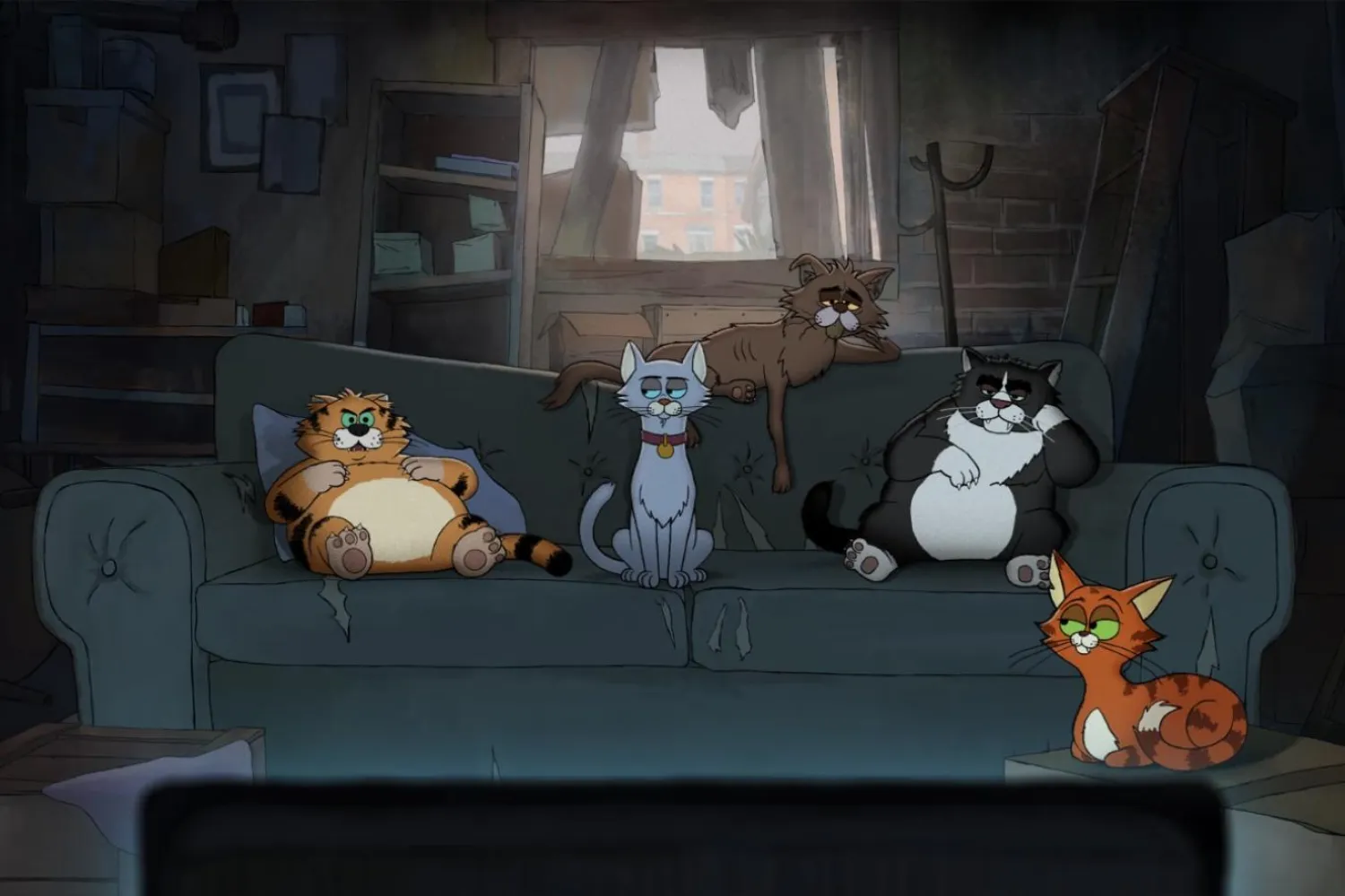 (Soldan sağa) Alley Cats'te Gus rolünde Ricky Gervais, Ponce rolünde Tom Basden, Puke rolünde David Earl, Fang rolünde Andrew Brooke ve Olive rolünde Diane Morgan (Netflix)