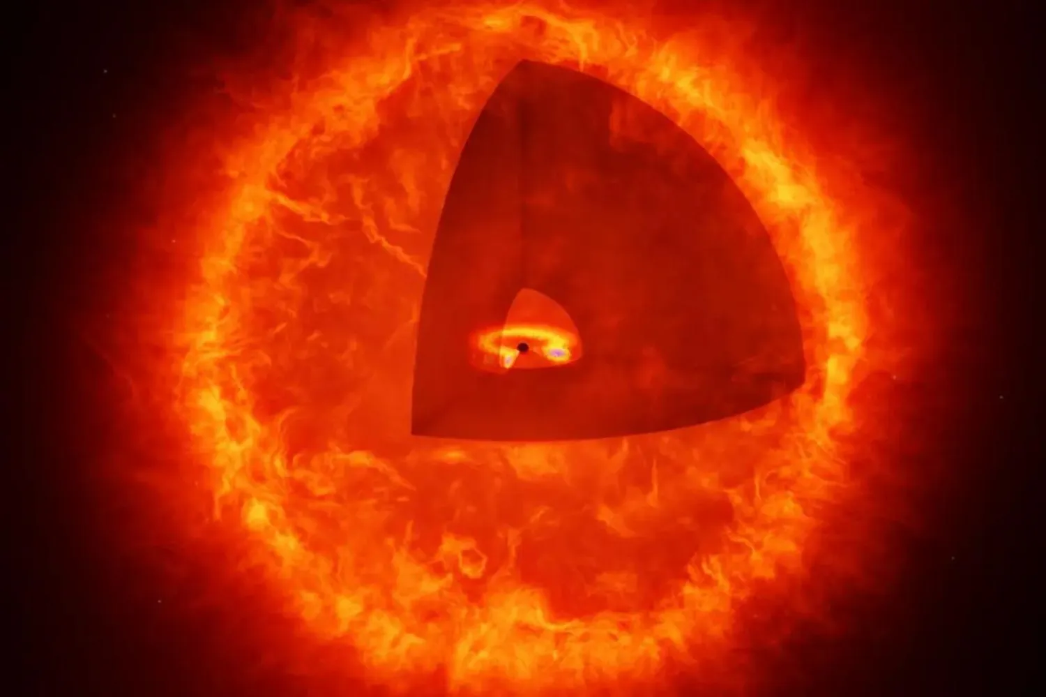 Merkezinde beslenen bir kara delik ve onu bir yıldız gibi çevreleyen yoğun bir gaz kozasıyla, yeni bir tür cisim olmaya aday kara delik yıldızının tasviri (Max Planck Astronomi Enstitüsü)