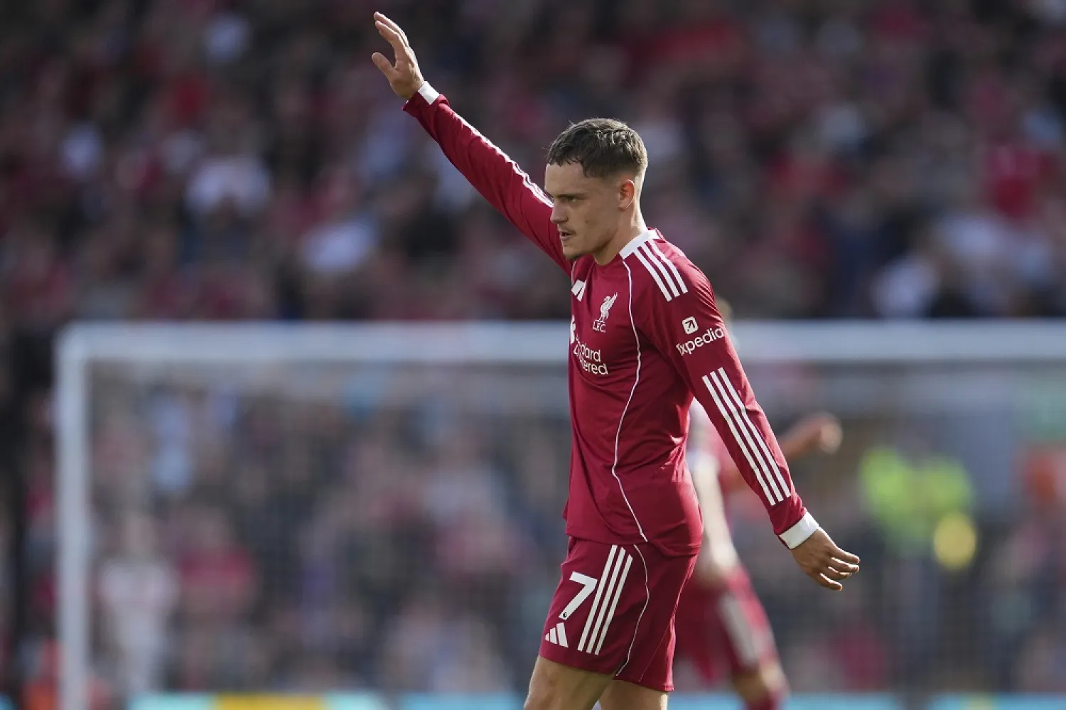 Liverpool's Florian Wirtz gestures during the English Premier League soccer match between FC Liverpool and FC Arsenal in Liverpool, England, Sunday, Aug. 31, 2025. (AP)