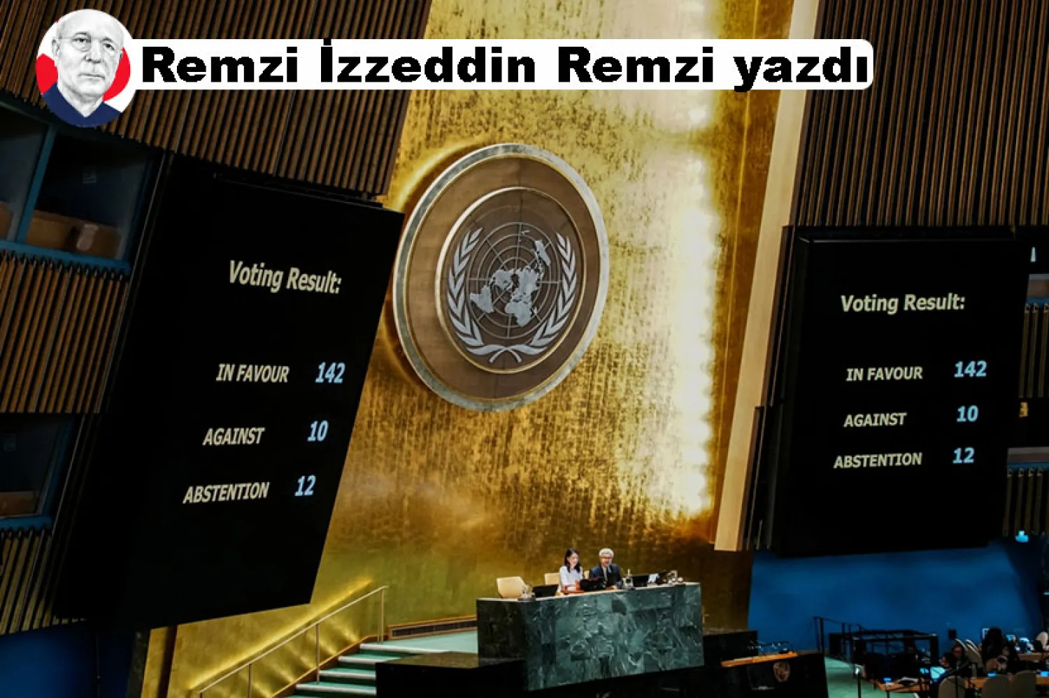 Ekranlar, ABD, New York'taki BM Genel Merkezi'nde Filistin sorunu ve iki devletli çözümün uygulanması konusunda yapılan BM Genel Kurulu oylamasında kullanılan oy sayılarını gösteriyor, 12 Eylül 2025