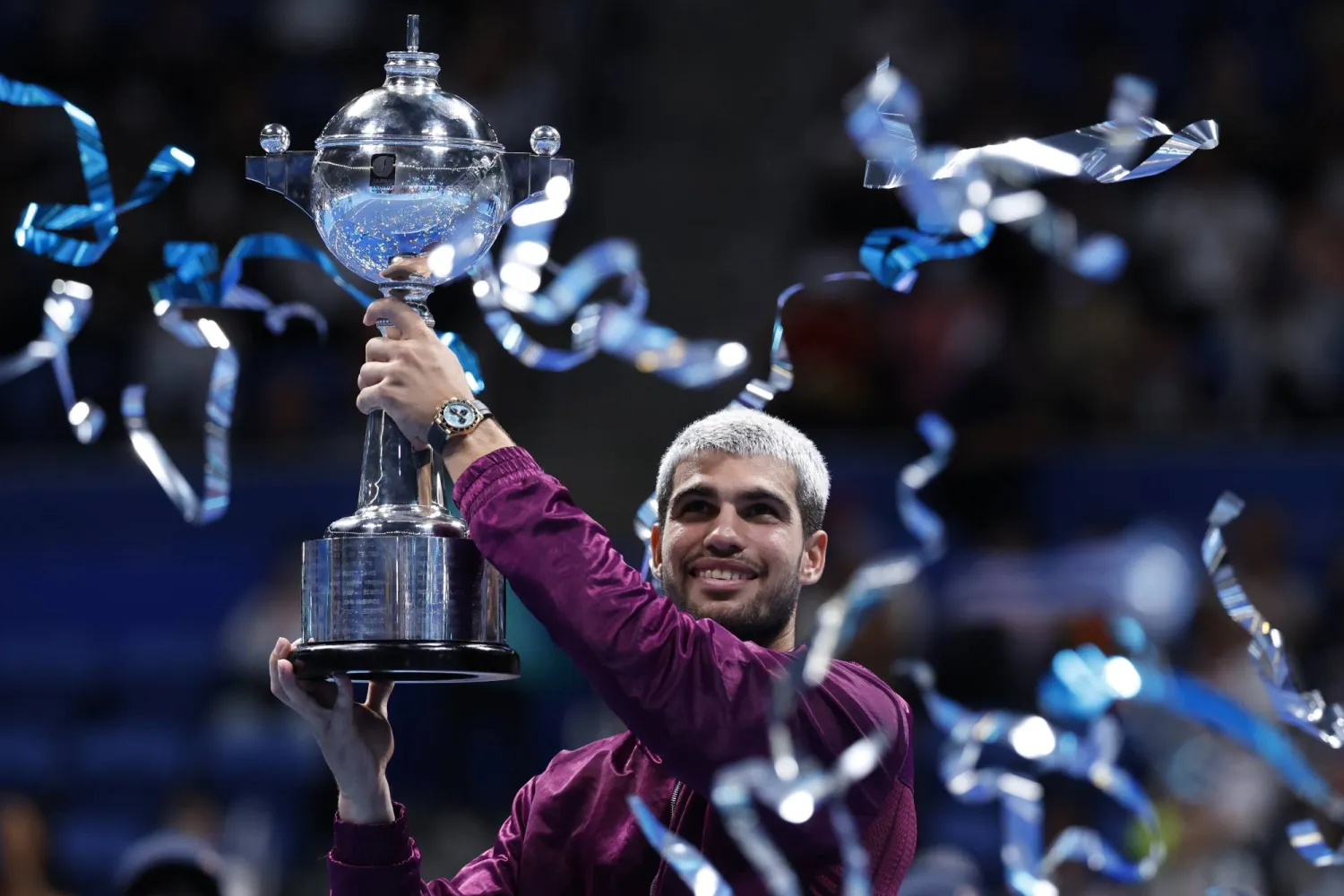 Carlos Alcaraz of Spain poses with his trophy after winning the final match against Taylor Fritz of the USA at the Japan Open tennis tournament in Tokyo, Japan, 30 September 2025.  EPA/KIYOSHI OTA