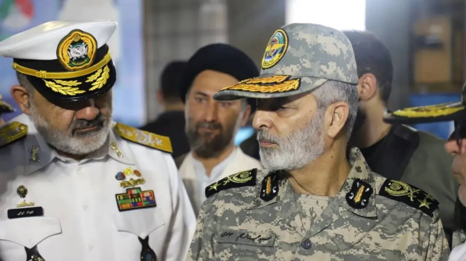 Chief of Staff of the Iranian army Major General Abdolrahim Mousavi and Commander of Iran's regular navy Rear Admiral Shahram Irani during their visit to Bandar Abbas on Tuesday (IRNA)
