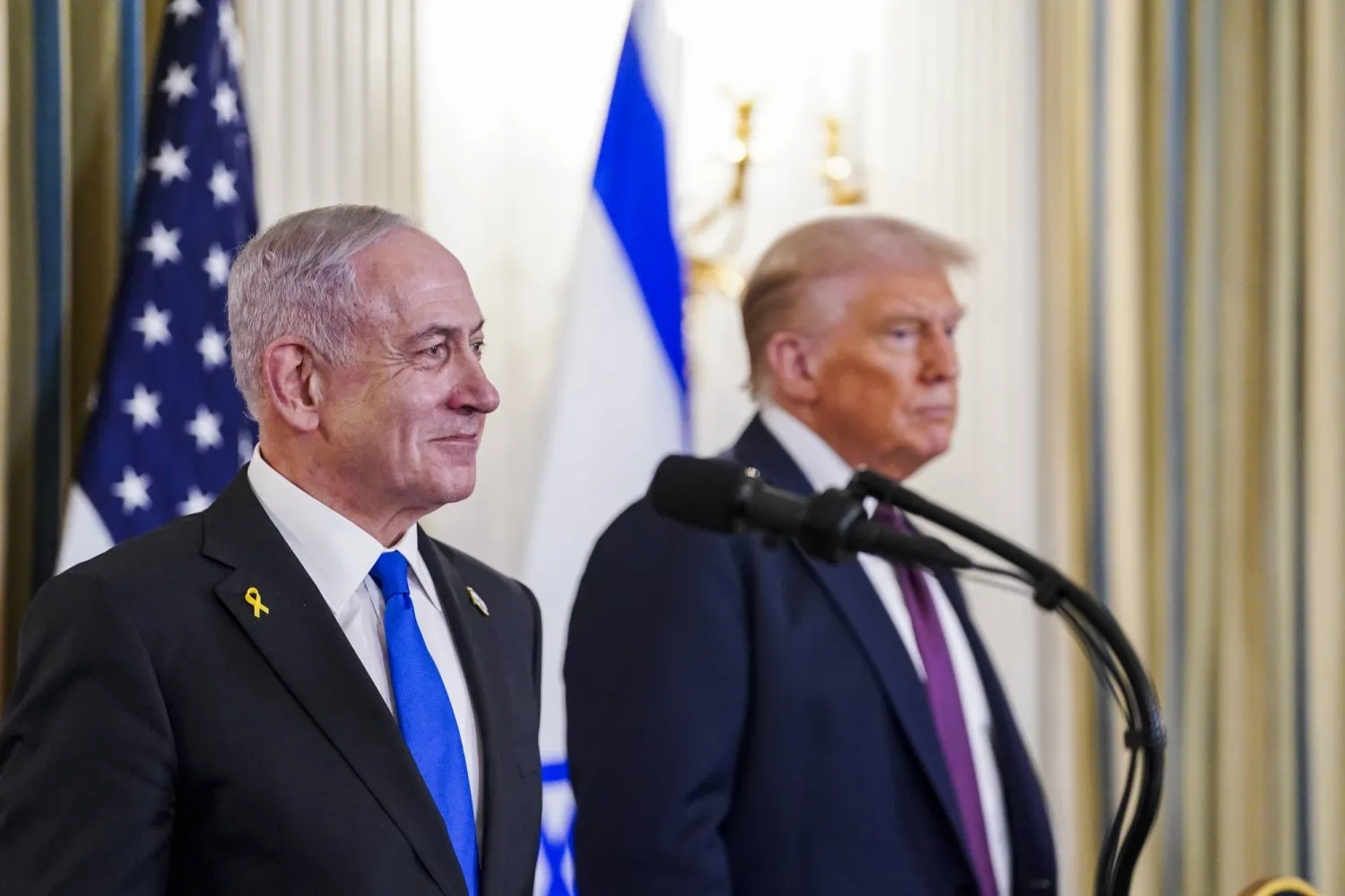 US President Donald Trump (R) and Israeli Prime Minister Benjamin Netanyahu (L) participate in a joint press conference in the State Dining Room of the White House in Washington, DC, USA, 29 September 2025. (EPA)