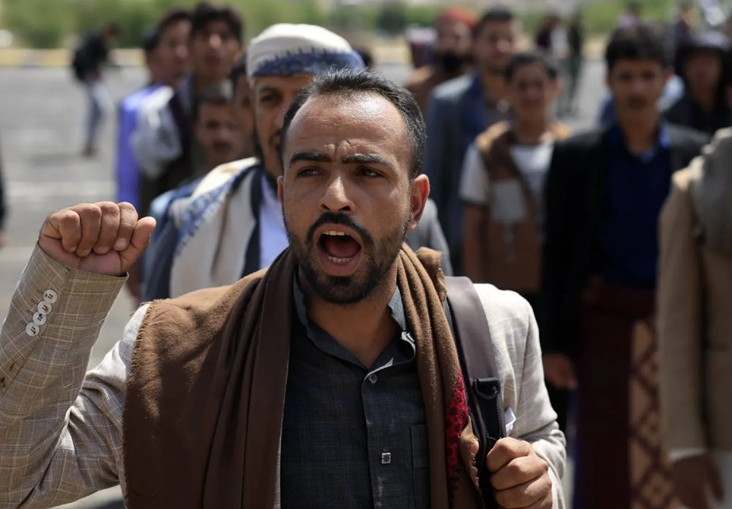 University students shout slogans during a rally against Israel, in Sanaa, Yemen, 01 October 2025. (EPA)