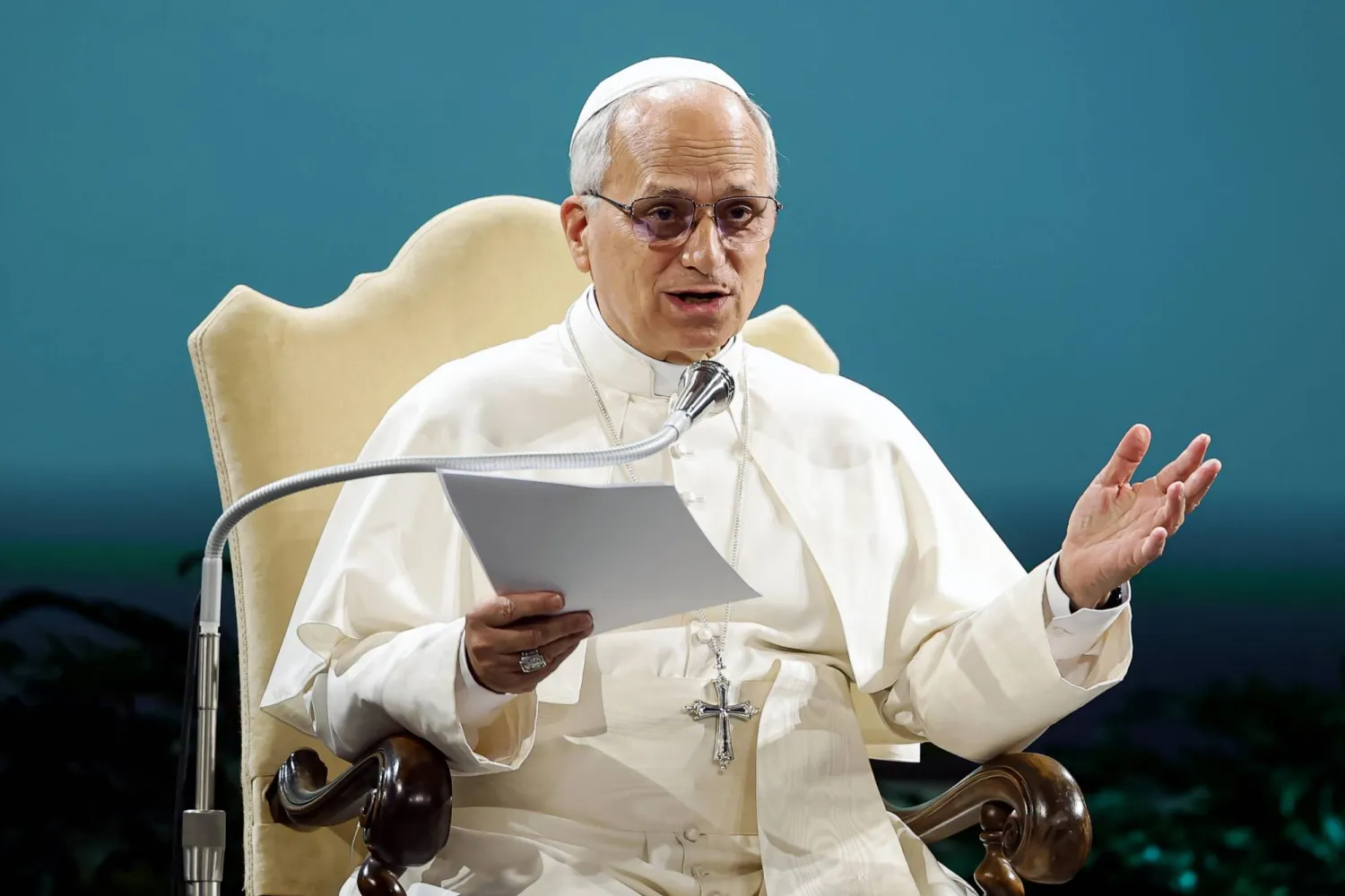 البابا ليو الرابع عشر يتحدث خلال الاحتفال بالذكرى السنوية العاشرة لرسالة فرنسيس البيئية المهمة «لوداتو سي» (إ.ب.أ)