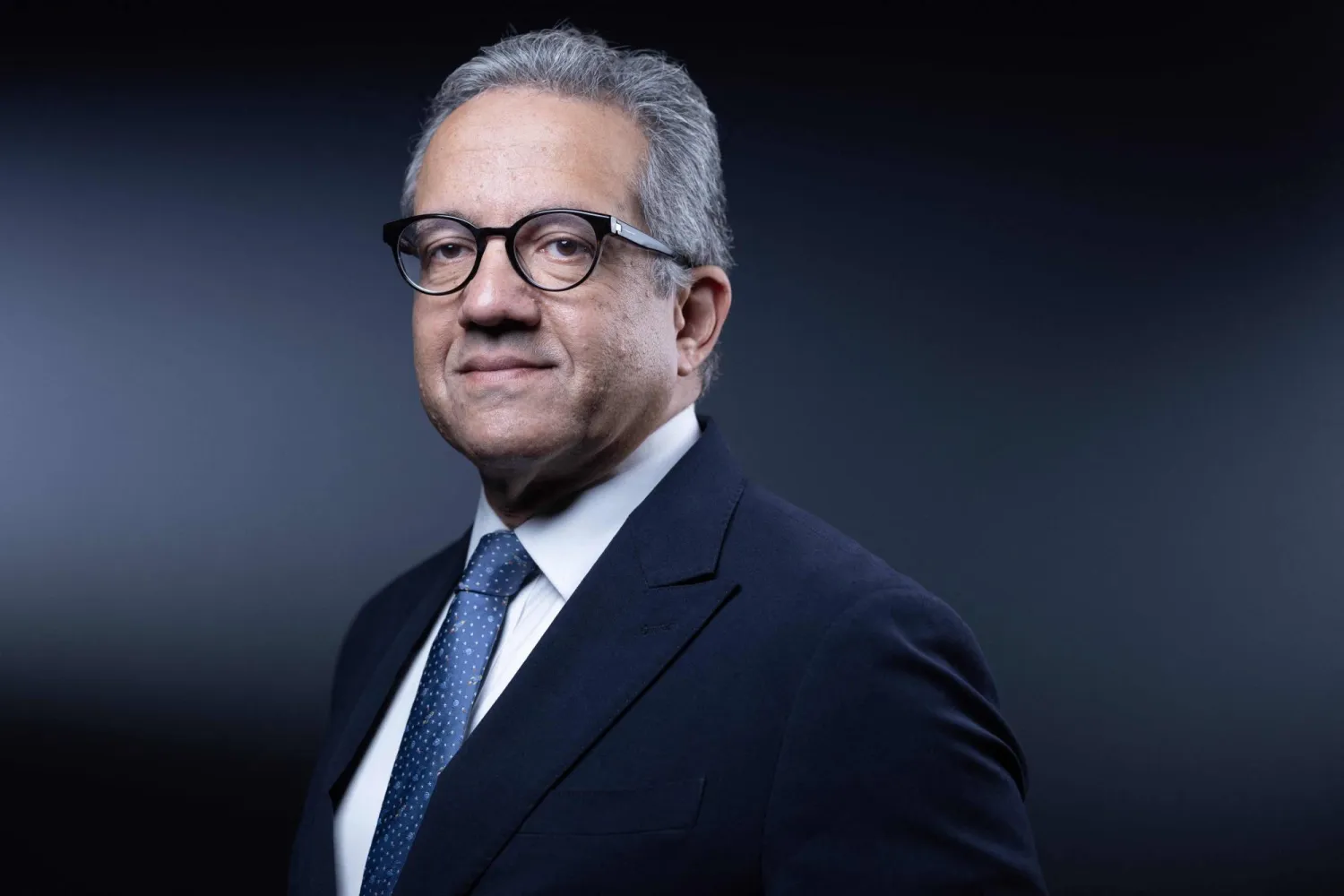 Khaled El-Enany, former Minister of Tourism and Antiquities of Egypt and candidate to become the head of the United Nations Educational, Scientific and Cultural Organization (UNESCO) poses during a photo session in Paris on October 1, 2025. (Photo by JOEL SAGET / AFP)
