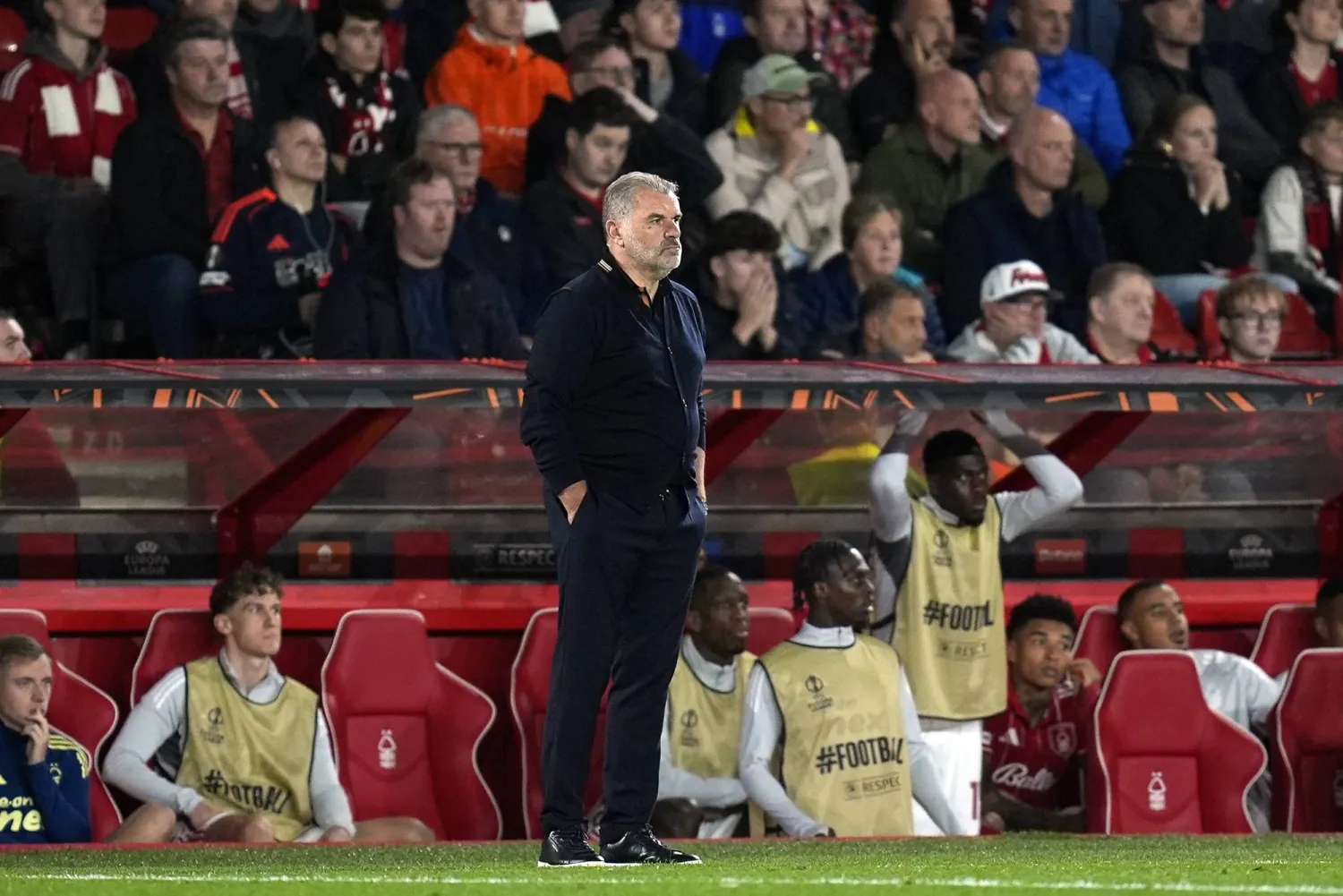 Nottingham head coach Ange Postecoglou looks on during the UEFA Europa League league phase match between Nottingham Forest and FC Midtjylland, in Nottingham, Britain, 02 October 2025. (EPA)
