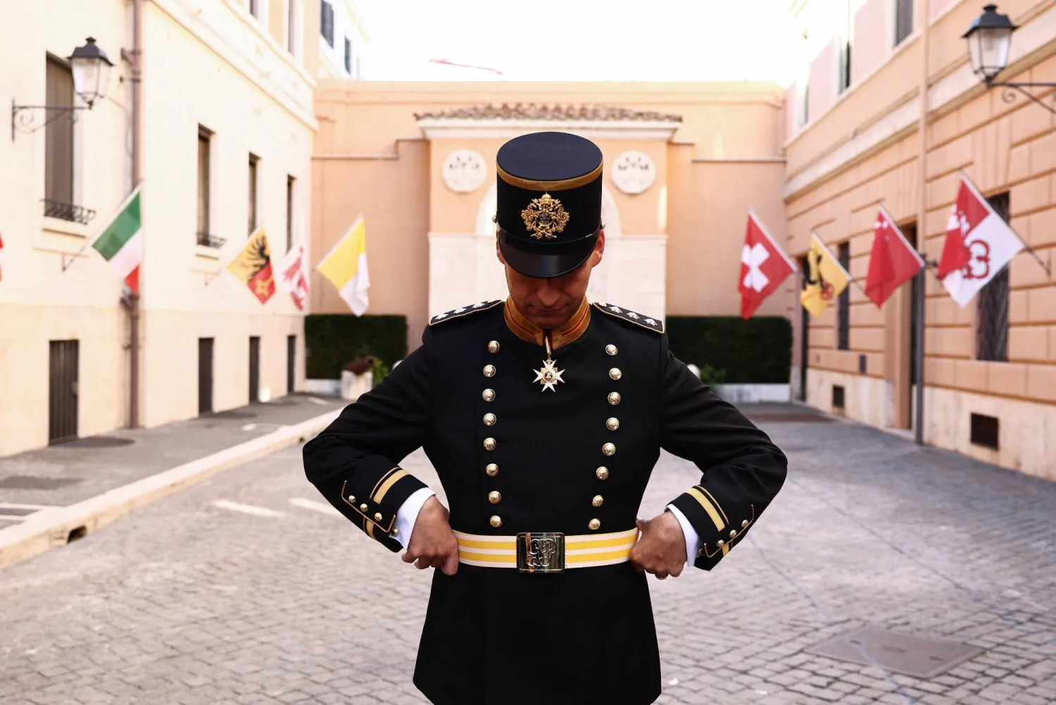Colonel Christoph Graf wears a uniform on the day of the presentation of the updated dress uniform, known as the 'Mezza Gala' uniform, at the Swiss Guard Corps Barracks, at the Vatican, October 2, 2025. (Reuters)