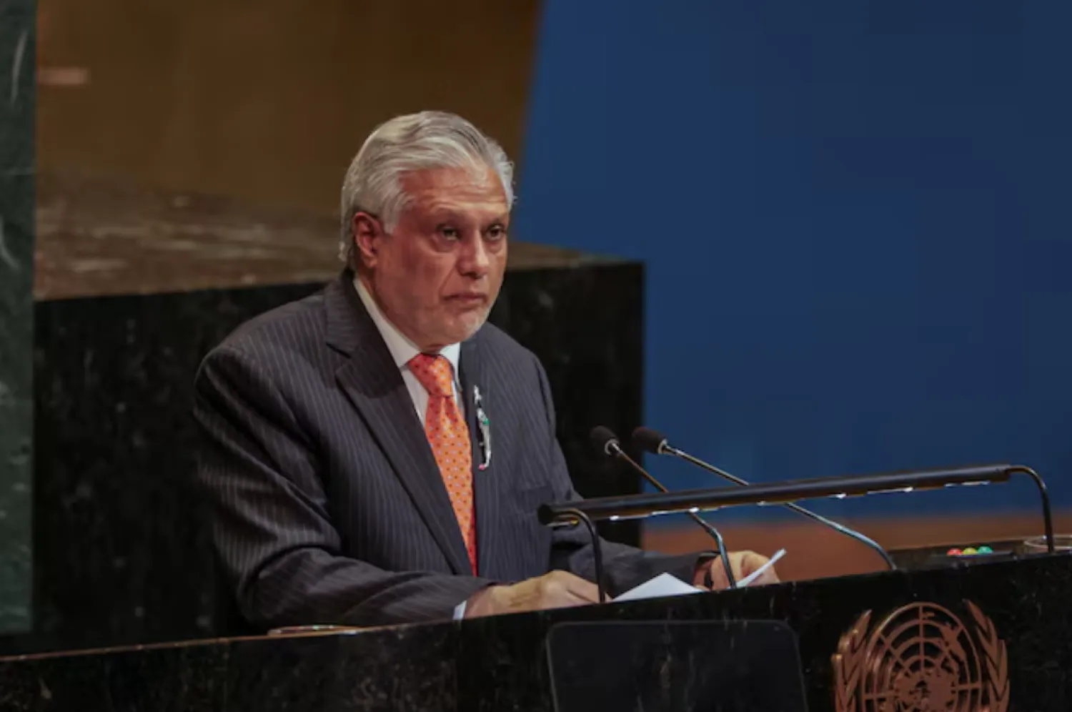 Mohammad Ishaq Dar, Deputy Prime Minister and Minister for Foreign Affairs of Pakistan, speaks during a High-level International Conference for the Peaceful Settlement of the Question of Palestine and the Implementation of the Two-State Solution at UN headquarters in New York City, US, July 28, 2025. REUTERS/Jeenah Moon 