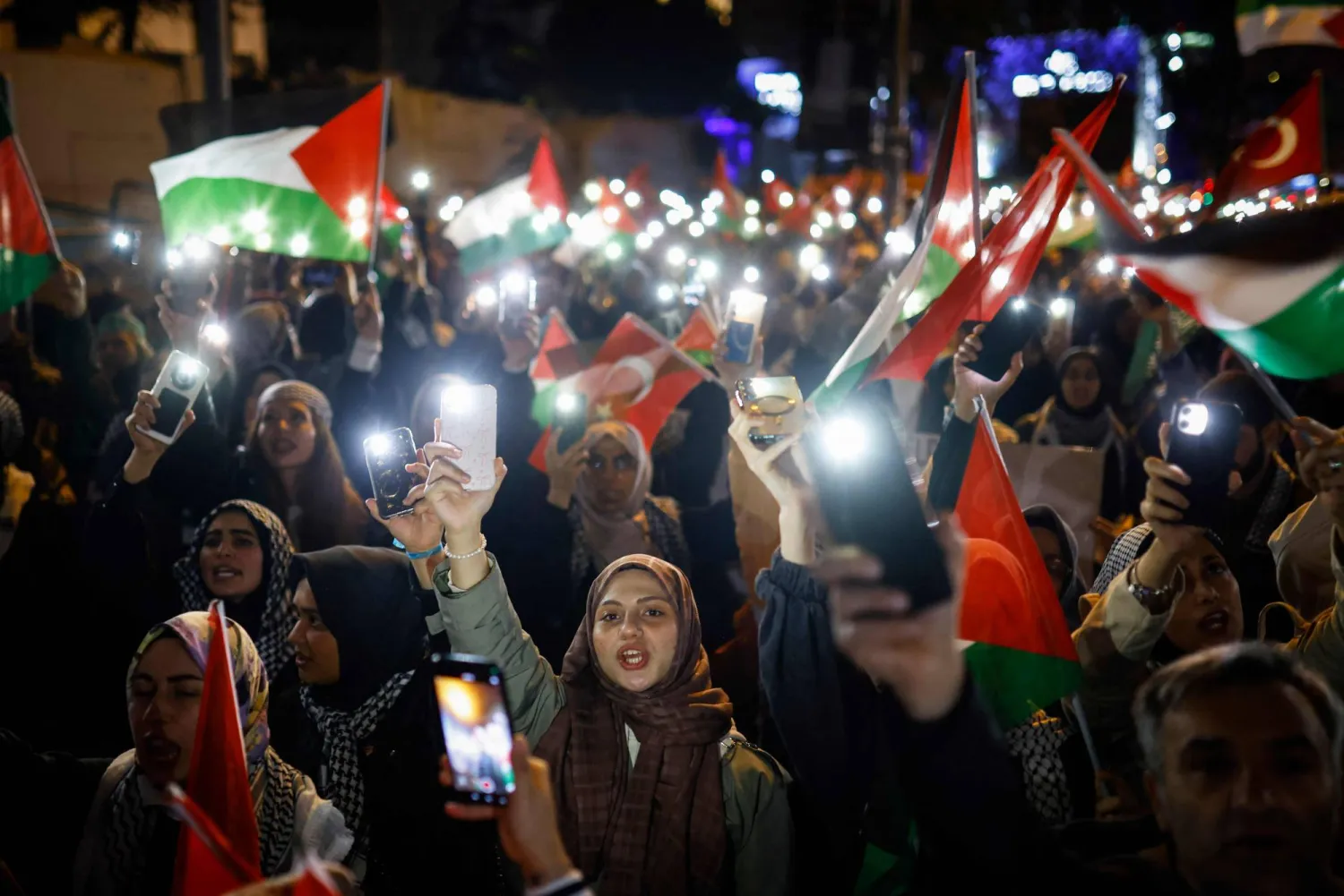 Demonstrators take part in a rally in solidarity with Palestinians and to condemn the interception of the Global Sumud Flotilla by Israeli army, in Istanbul on October 2, 2025. (AFP)