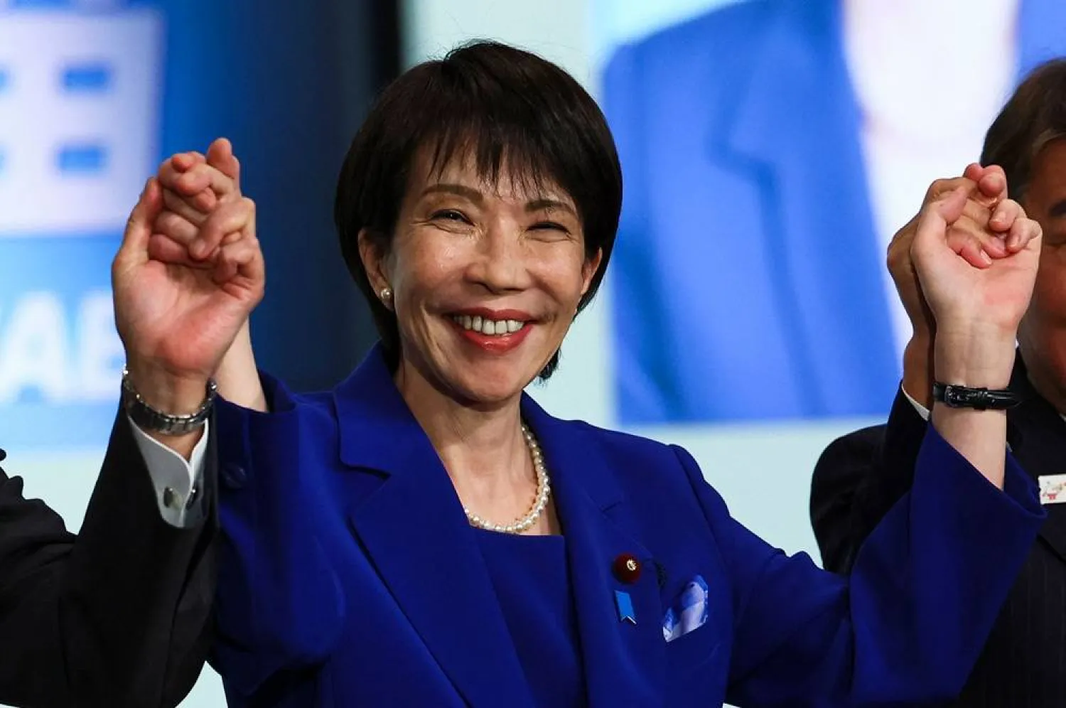 Newly-elected Liberal Democratic Party (LDP) leader Sanae Takaichi celebrates after winning the LDP leadership election in Tokyo on October 4, 2025. (AFP)