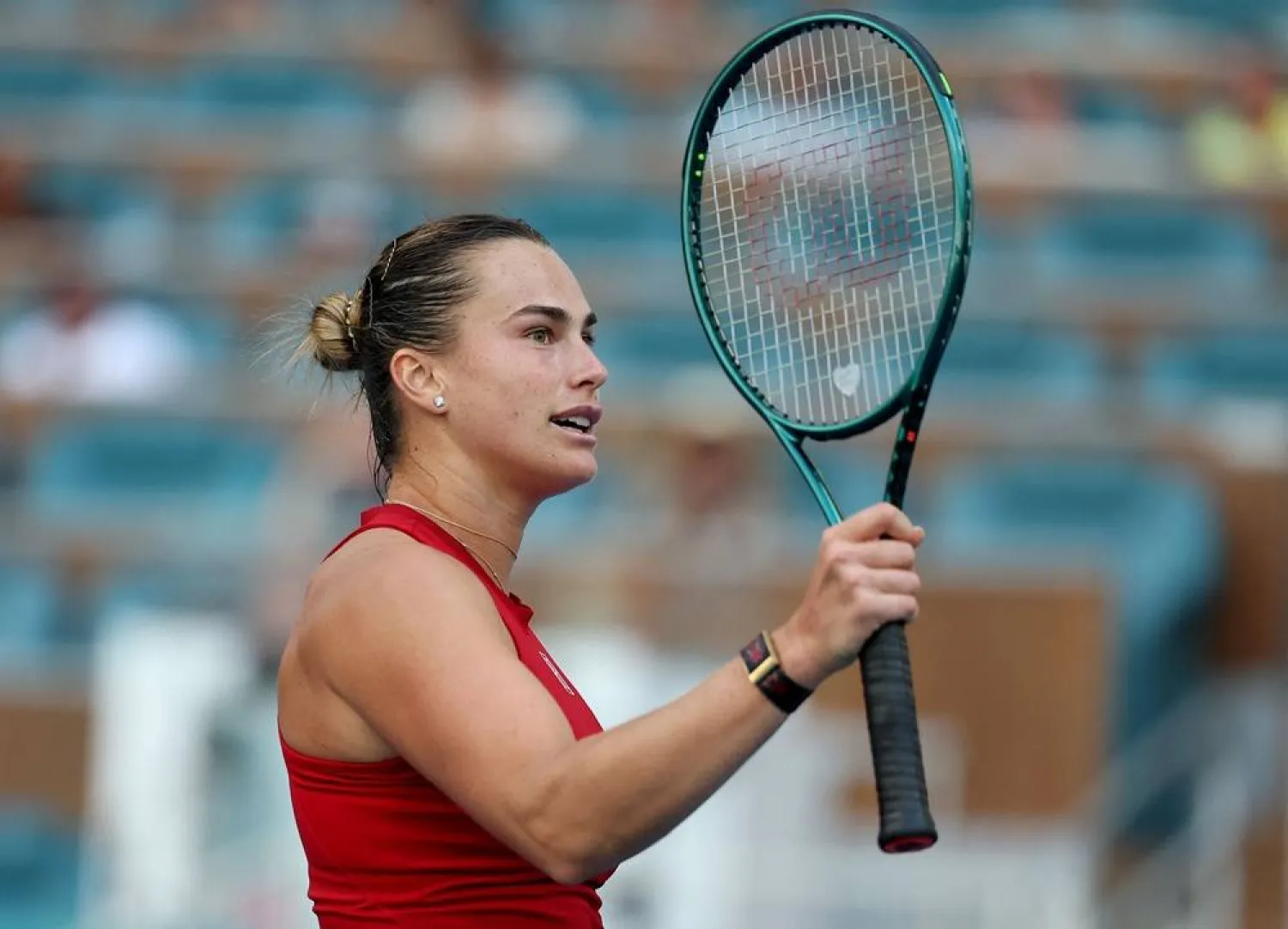 Aryna Sabalenka of Belarus celebrates match point after defeating Jasmine Paolini of Italy during their match on Day 10 of the Miami Open at Hard Rock Stadium on March 27, 2025 in Miami Gardens, Florida. Al Bello. (Getty Images/AFP)
