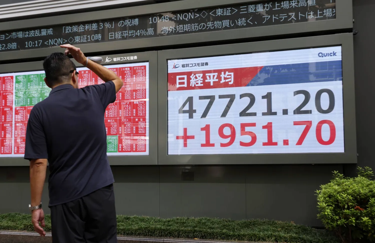 أحد المارة ينظر إلى لوحة مؤشرات سوق الأسهم في طوكيو (إ.ب.أ)