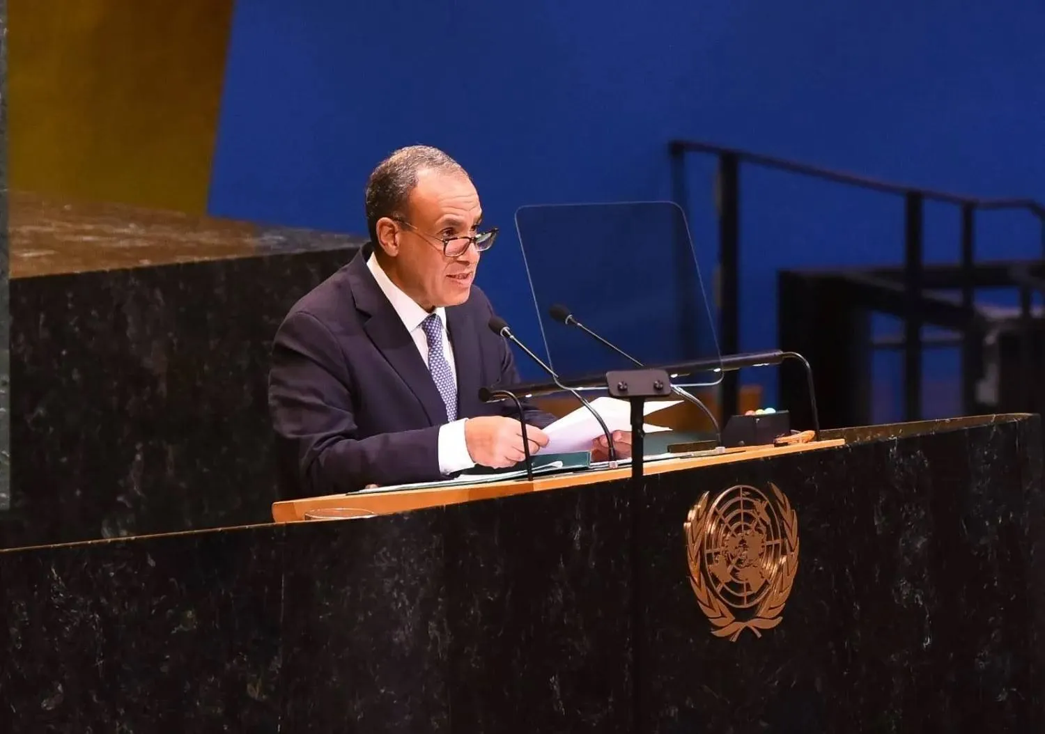 Egyptian Foreign Minister Badr Abdelatty delivers his country’s address at the UN General Assembly meetings in New York last month. (Egyptian Foreign Ministry)  