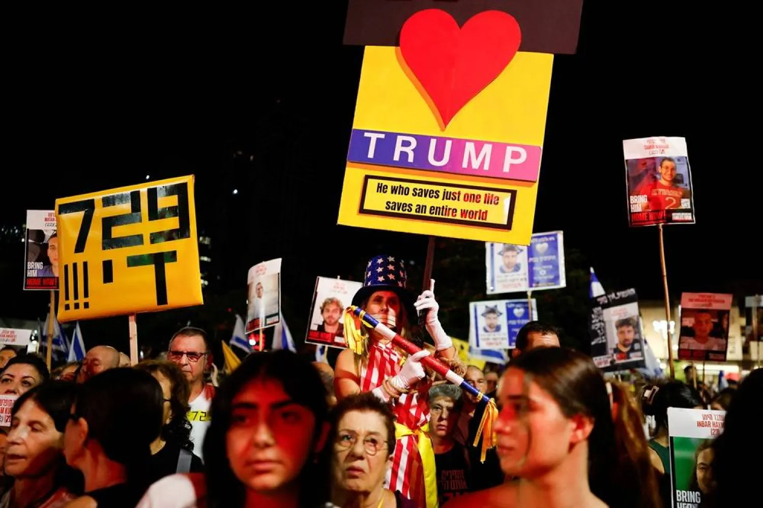  Demonstrators rally ahead of the two-year anniversary of the deadly October 7, 2023 attack on Israel by Hamas, and to demand the immediate release of all hostages and the end of war in Gaza, in Tel Aviv, Israel, October 4, 2025. (Reuters)