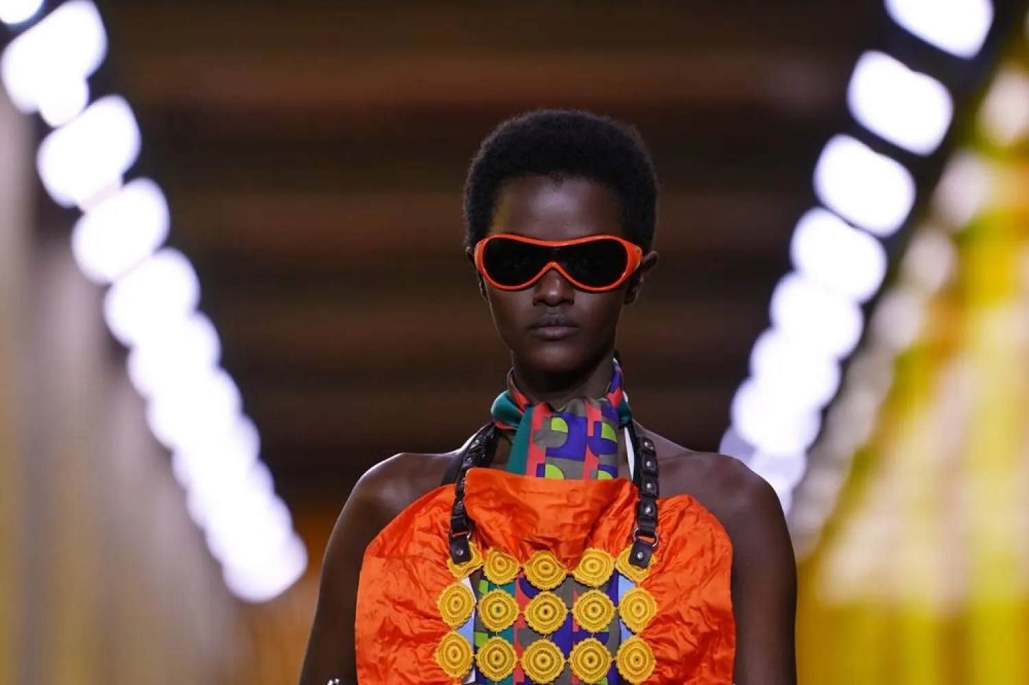  A model wears a creation from the Miu Miu Spring/Summer 2026 collection presented in Paris, Monday, Oct. 6, 2025. (AP)