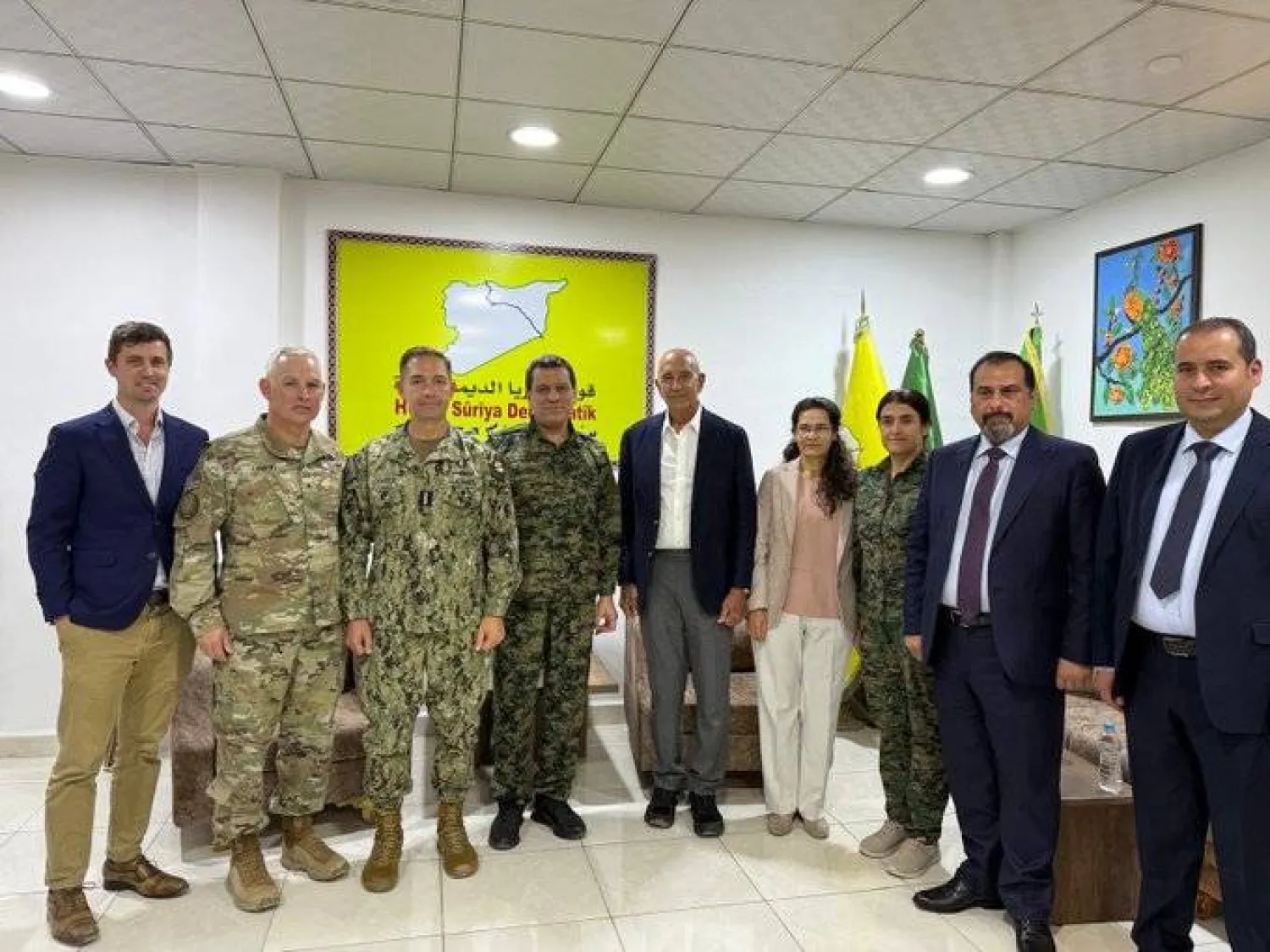 US Special Envoy to Syria Tom Barrack, Commander of the US Central Command Brad Cooper, Syrian Democratic Forces (SDF) commander Mazloum Abdi and other officials meet in Syria on Monday. (Barrack on X)