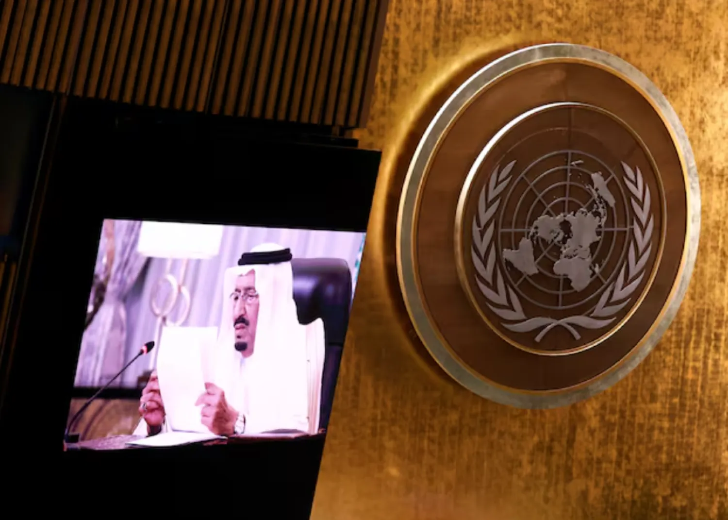 FILE PHOTO: Saudi King Salman bin Abdulaziz addresses, via a prerecorded statement, the General Debate of the 76th Session of the United Nations General Assembly in New York City, US, September 22, 2021. John Angelillo/Pool via REUTERS