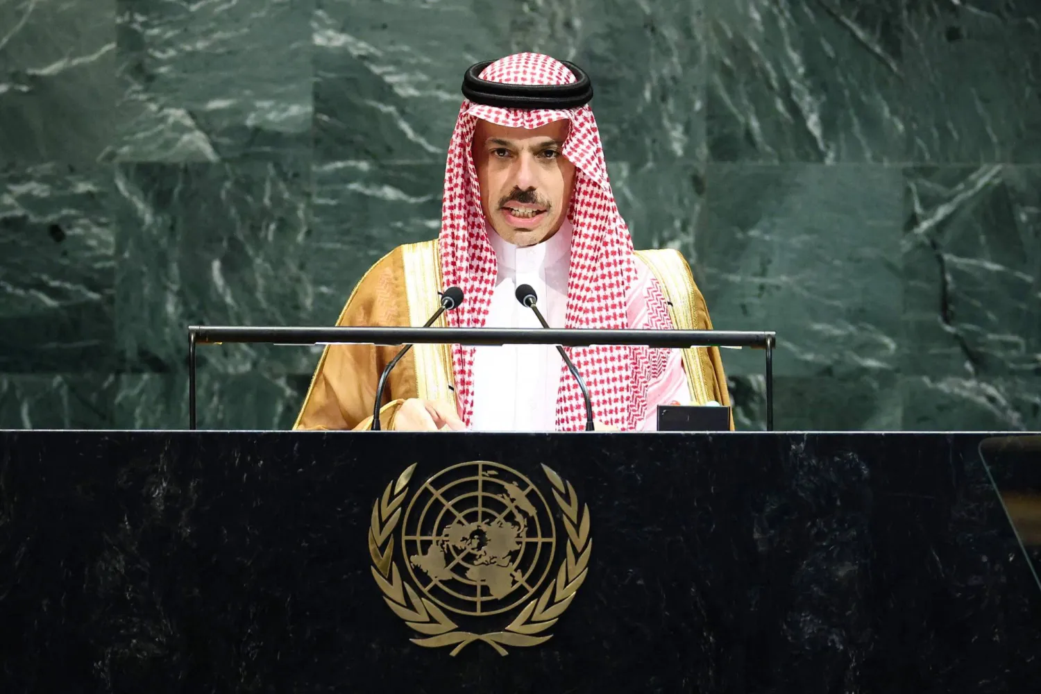 Saudi Minister of Foreign Affairs Prince Faisal bin Farhan bin Abdullah addresses the United Nations General Assembly at UN headquarters in New York City on September 27, 2025. (AFP) 