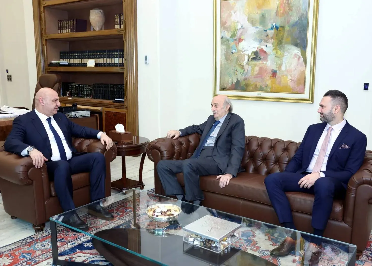 President Joseph Aoun holds talks with former Progressive Socialist Party leader Walid Jumblatt and MP Taymour Jumblatt at the presidential palace on Tuesday.  (Lebanese Presidency)