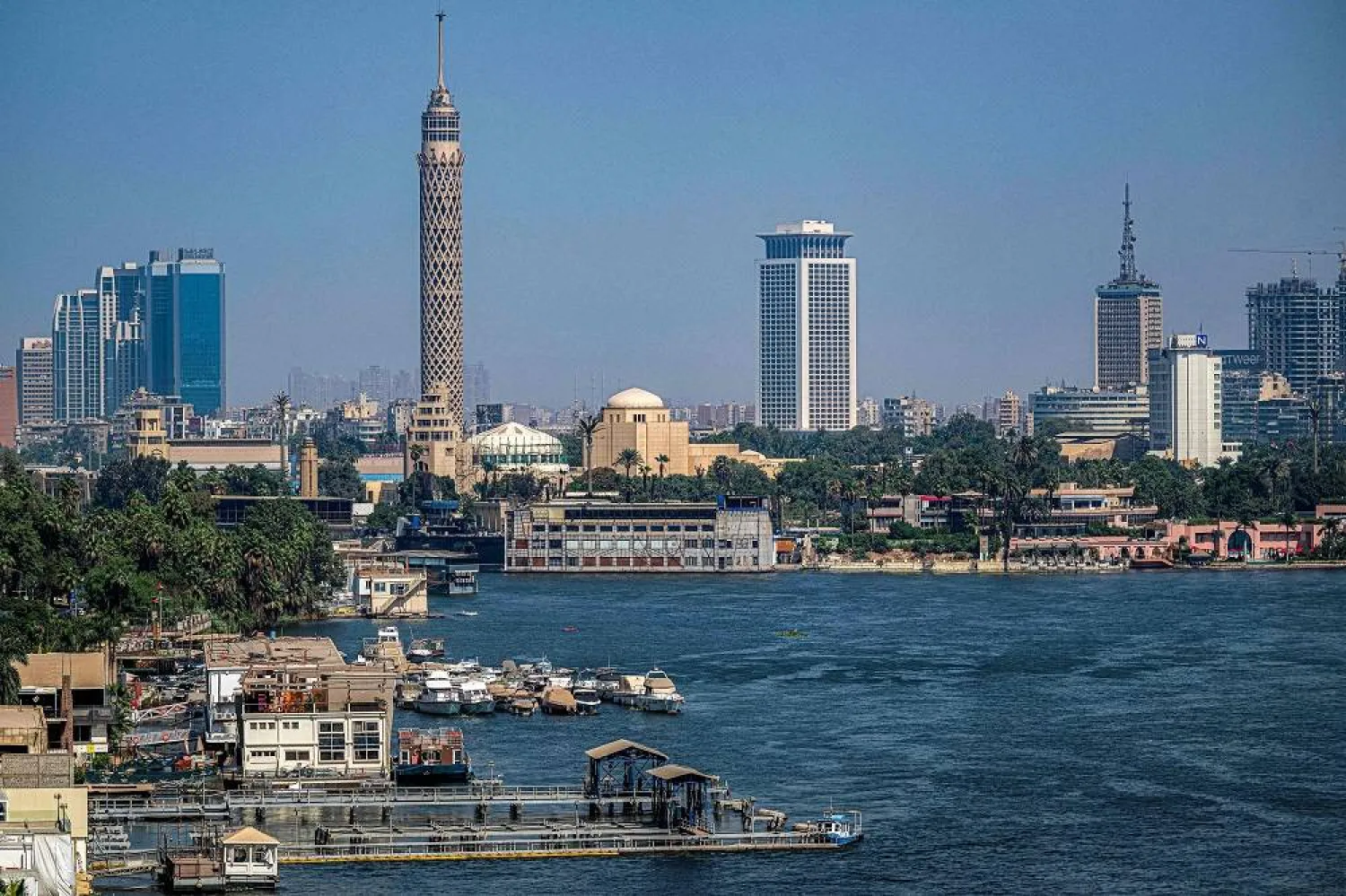 The landmark Cairo Tower and the Cairo Opera House are pictured in Cairo's central island of Zamalek on October 6, 2025. (AFP)