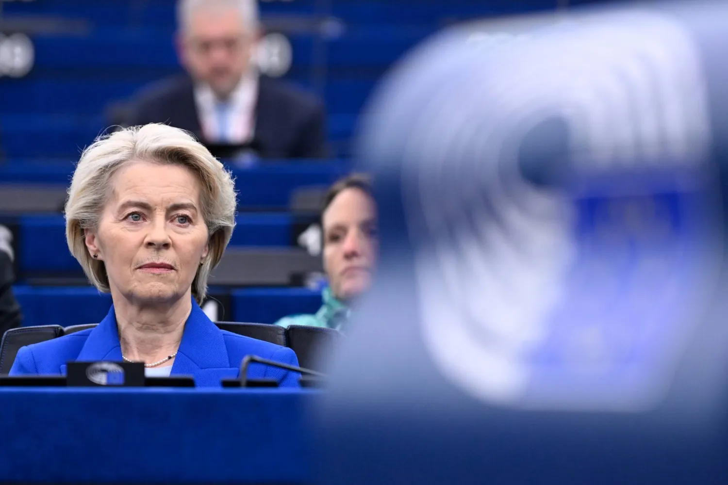 European Commission president Ursula von der Leyen sits during statements on EU response to recent Russian violations of the EU Member States' airspace and critical infrastructure, Wednesday, Oct. 8, 2025 at the European Parliament in Strasbourg, eastern France. (AP Photo/Pascal Bastien)